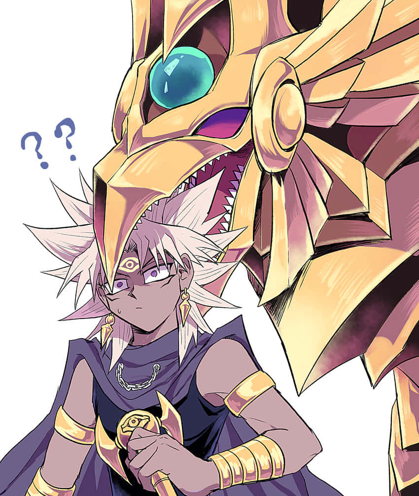 Marik Ishtar 桌布 壁紙 — 一個年輕的動漫角色，擁有尖刺的白髮和紫色的眼睛，站在一隻擁有發光藍色眼睛的巨大金色龍旁邊。