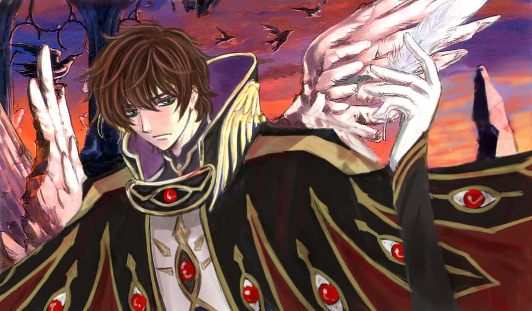 Suzaku Kururugi 桌布 壁紙 — 一個年輕的動漫角色，棕色頭髮和天使翅膀，站在戲劇性的日落天空中，穿著帶有紅色眼睛圖案的深色華麗長袍。