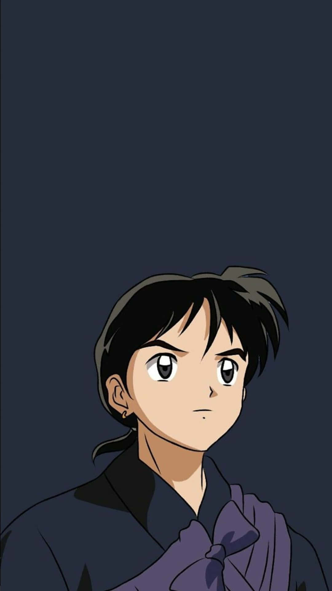 Miroku 桌布 壁紙 — 一個年輕的動漫角色，深色頭髮，戴著紫色圍巾，在純深藍色背景上向上凝視。