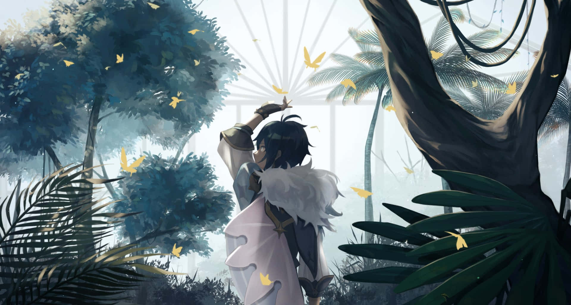 Kaeya 桌布 壁紙 — 一個年輕的動漫角色，深色頭髮，穿著白色毛邊斗篷，在陽光明媚的叢林空地上伸手觸碰飛舞的金色蝴蝶。