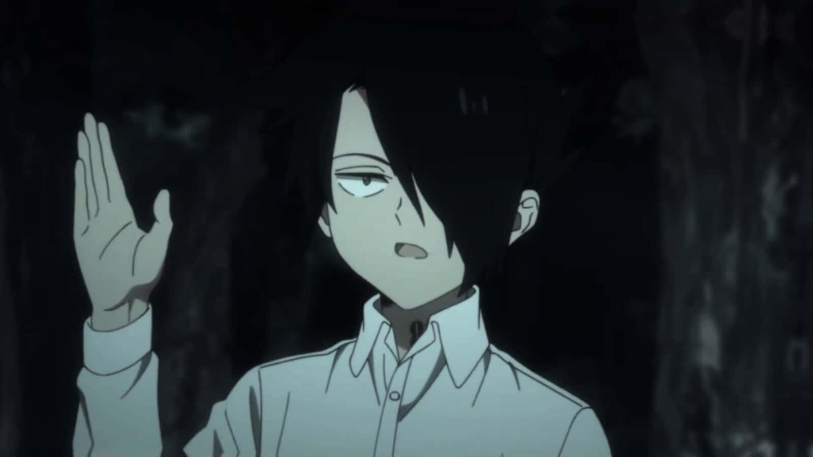 The Promised Neverland Ray 桌布 壁紙 — 一個年輕的動漫角色，深色頭髮，穿著白襯衫，在夜晚昏暗的森林中舉起一隻手。