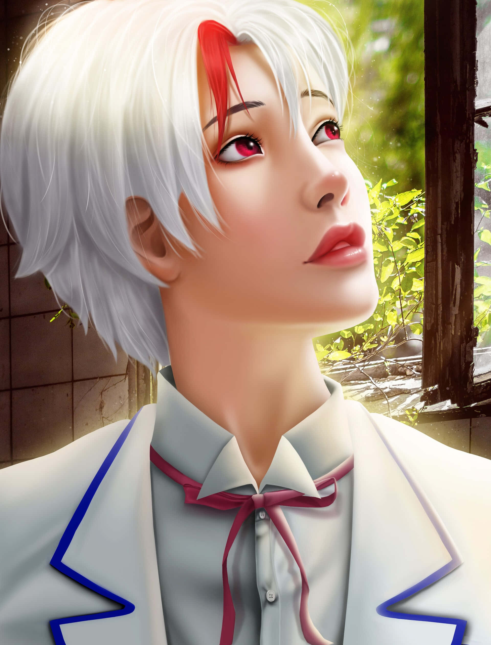 Towa Higurashi 桌布 壁紙 — 一個年輕的動漫角色，白髮帶有紅色挑染，在陽光照射的窗邊向上凝視。