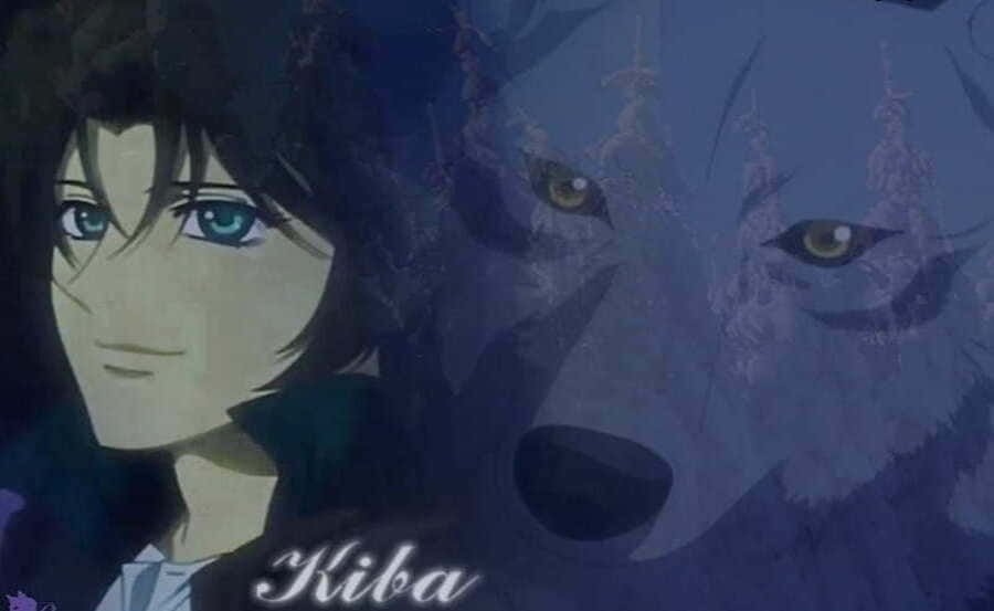 Wolf's Rain Kiba 桌布 壁紙 — 一個年輕的動漫角色，藍色的眼睛，平靜地凝視著旁邊一個半透明的狼靈，場景帶有憂鬱的藍色調。