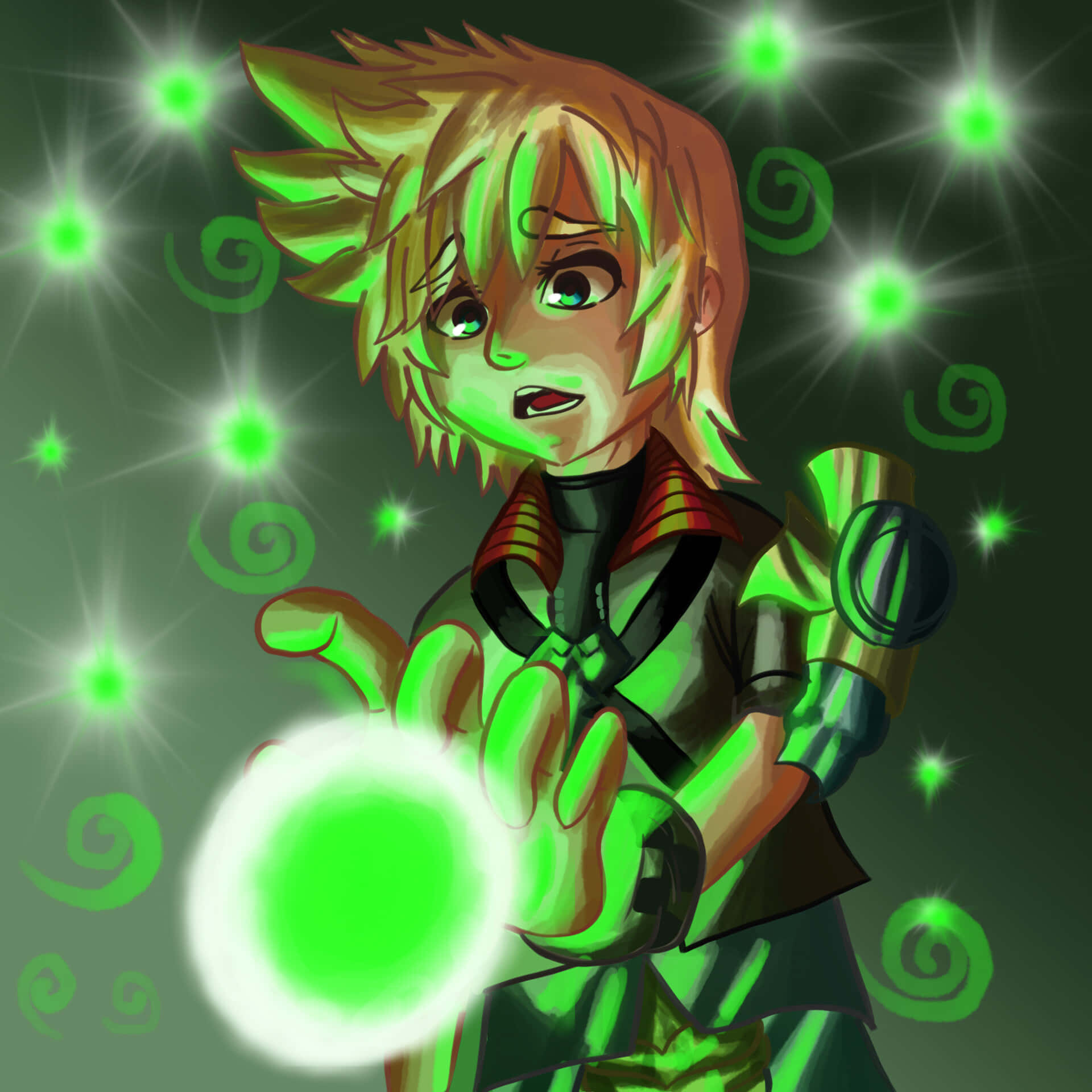 Kingdom Hearts Ventus 桌布 壁紙 — 一個年輕的動漫角色，頭髮尖刺，將發光的綠色能量引導到一個被旋轉光芒包圍的球體中。