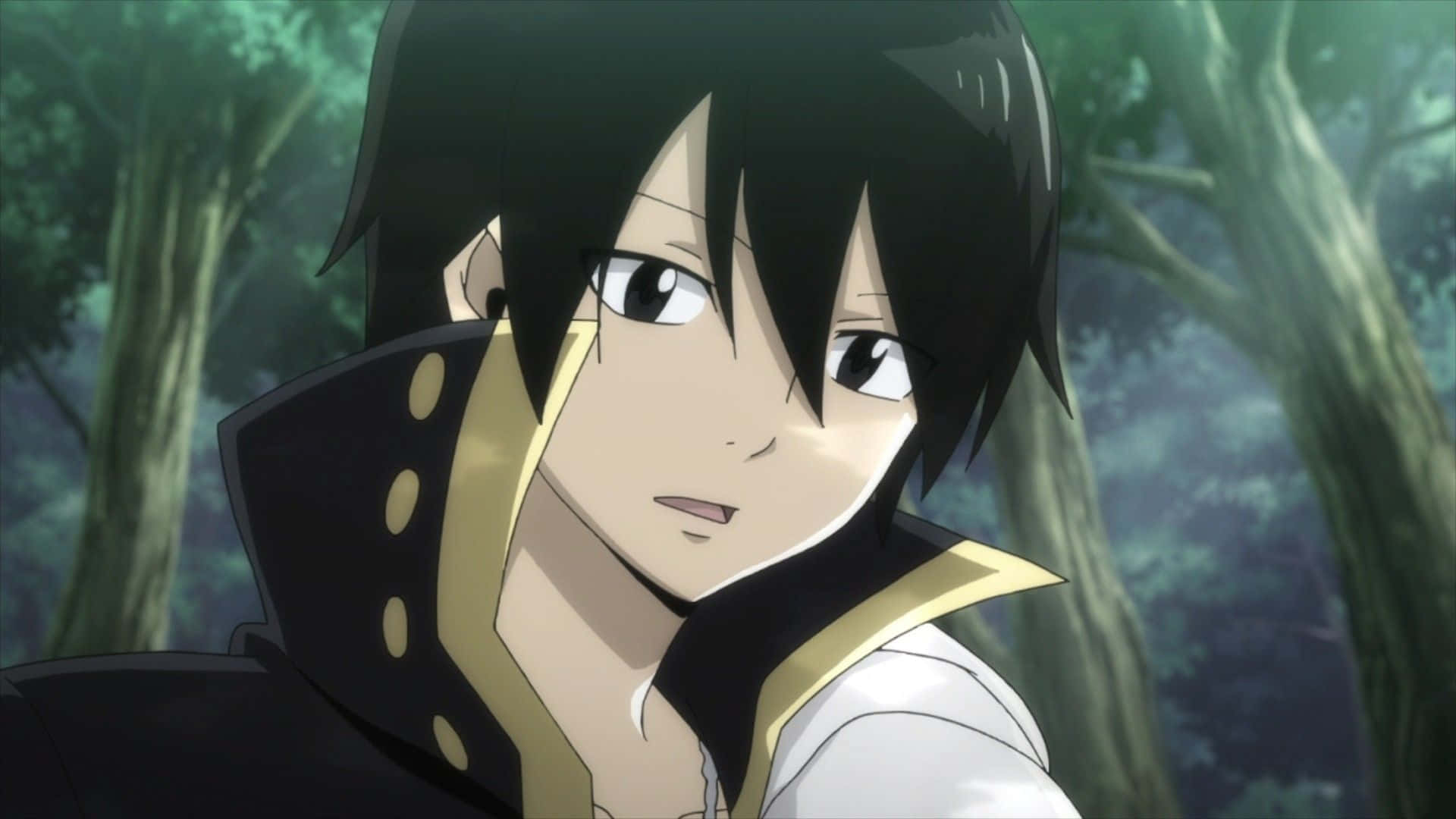 Zeref Dragneel 桌布 壁紙 — 一個年輕的動漫角色，黑髮，眼神凌厲，站在迷霧森林中，身穿黑金外套。