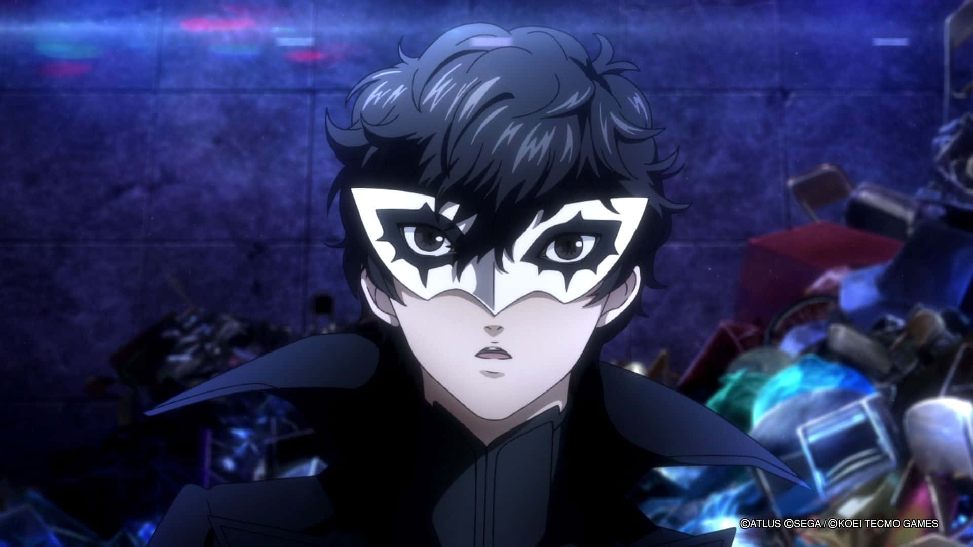 Persona 5 Strikers 桌布 壁紙 — 一個年輕的動漫角色，黑髮白面具，在深藍色數位故障背景中凝視著。