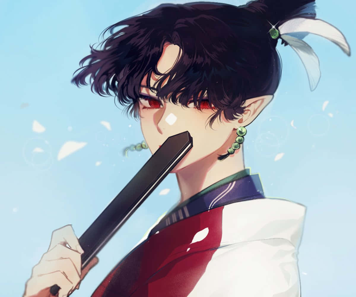 Inuyasha Kagura 桌布 壁紙 — 一個年輕的動漫角色，黑髮紅眼，在柔和藍色背景前手持武士刀，周圍有飄浮的花瓣。