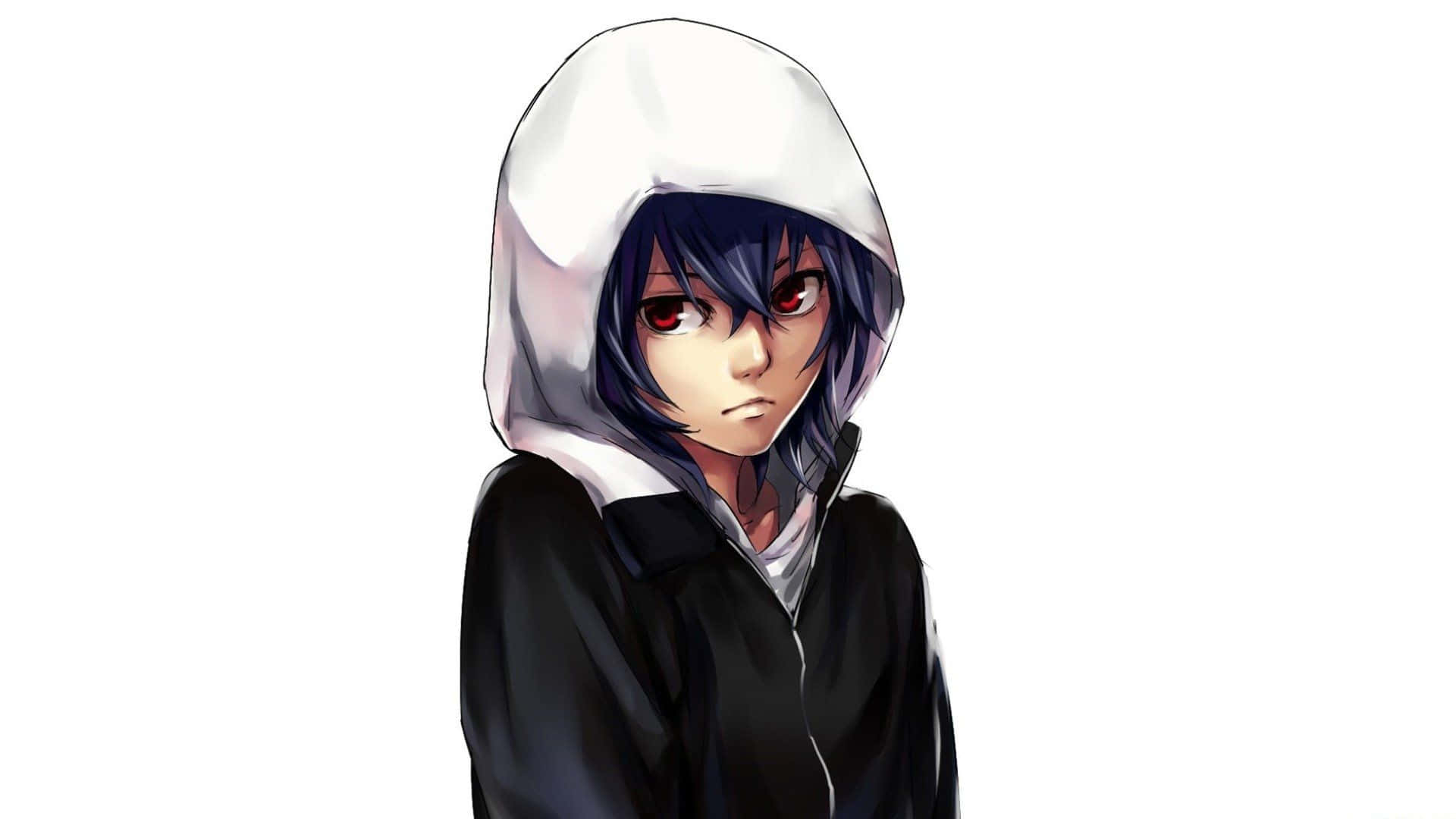 Ayato Kirishima 桌布 壁紙 — 一個年輕的動漫角色，黑髮紅眼，穿著白色連帽外套，背景是純白色。