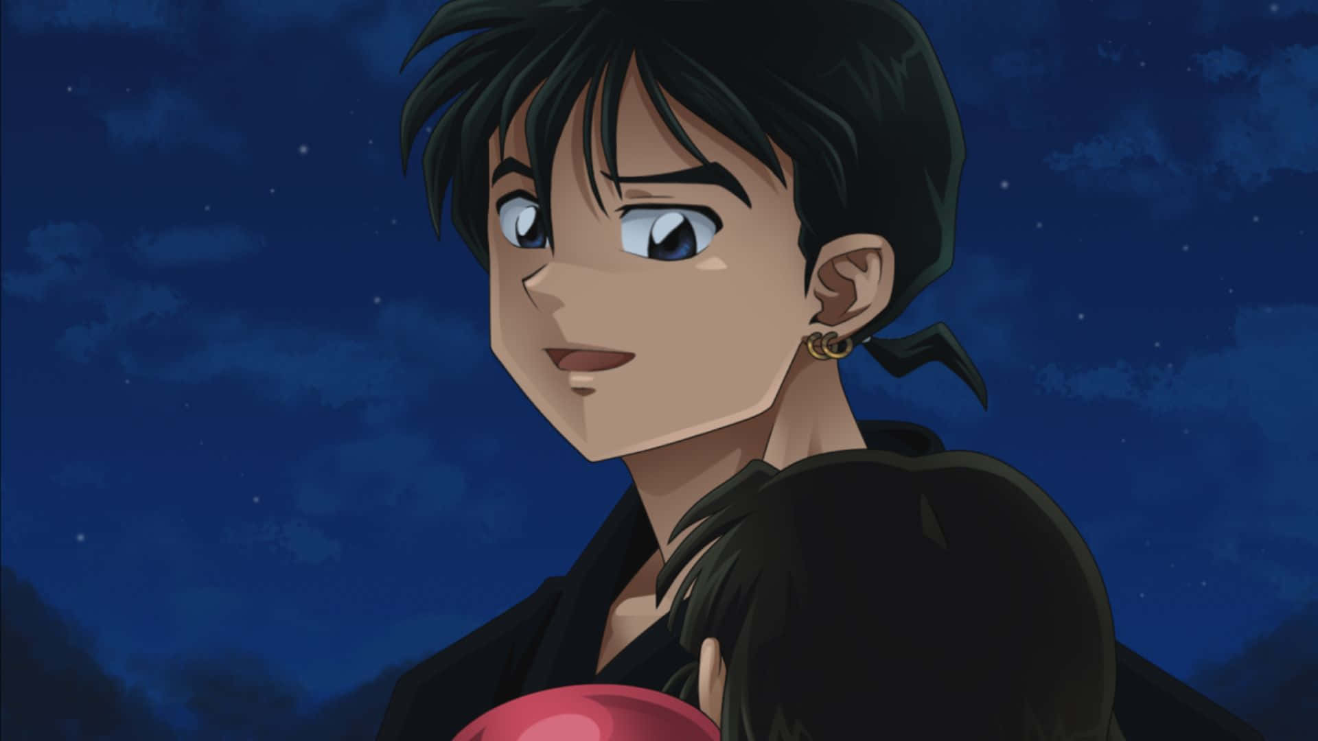 Miroku 桌布 壁紙 — 一個年輕的動漫角色，黑髮藍眼，在繁星點點的夜空下溫柔微笑。