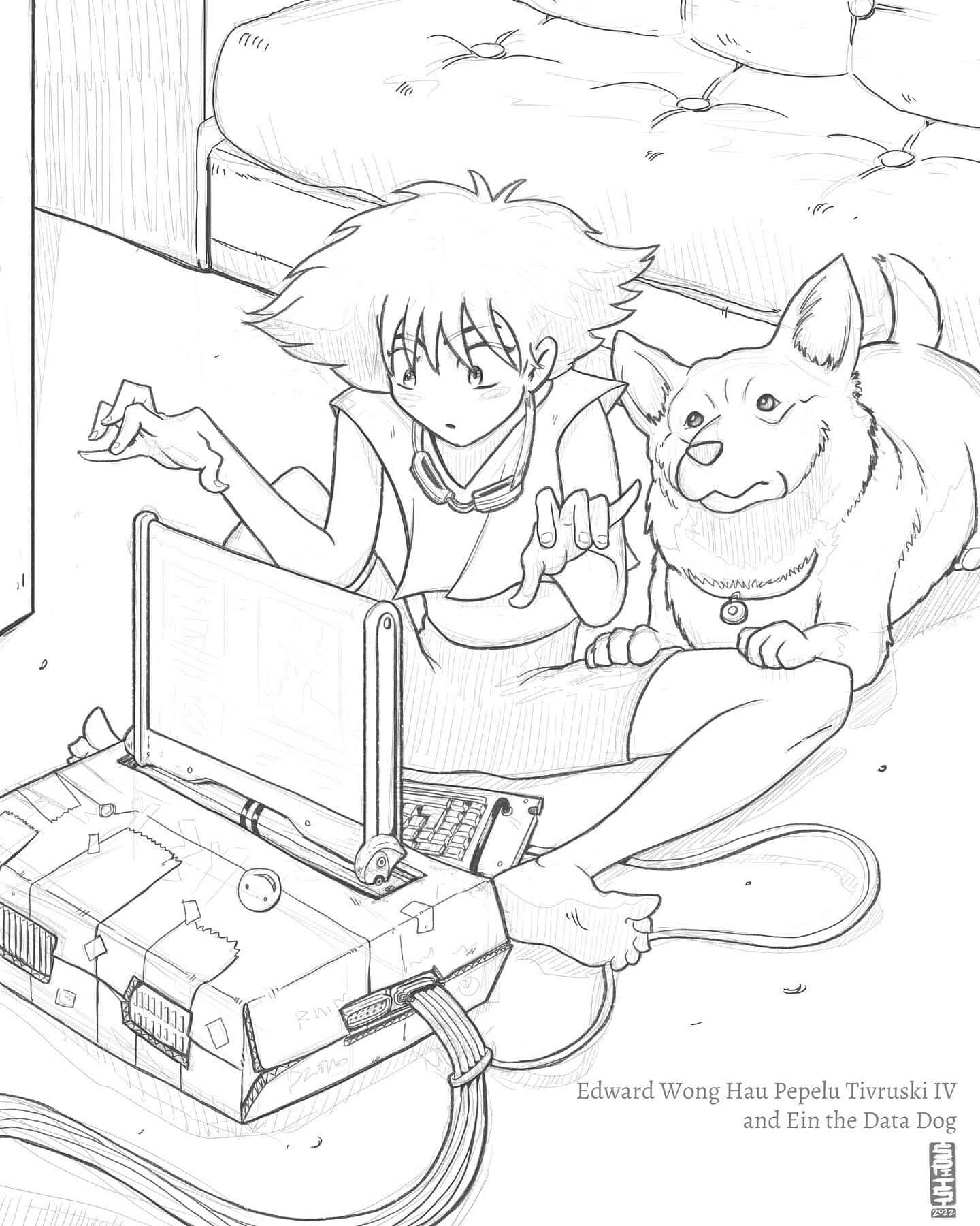 Cowboy Bebop Ein 桌布 壁紙 — 一個年輕的動漫角色和一隻狗坐在舒適的房間地板上使用復古筆記型電腦。