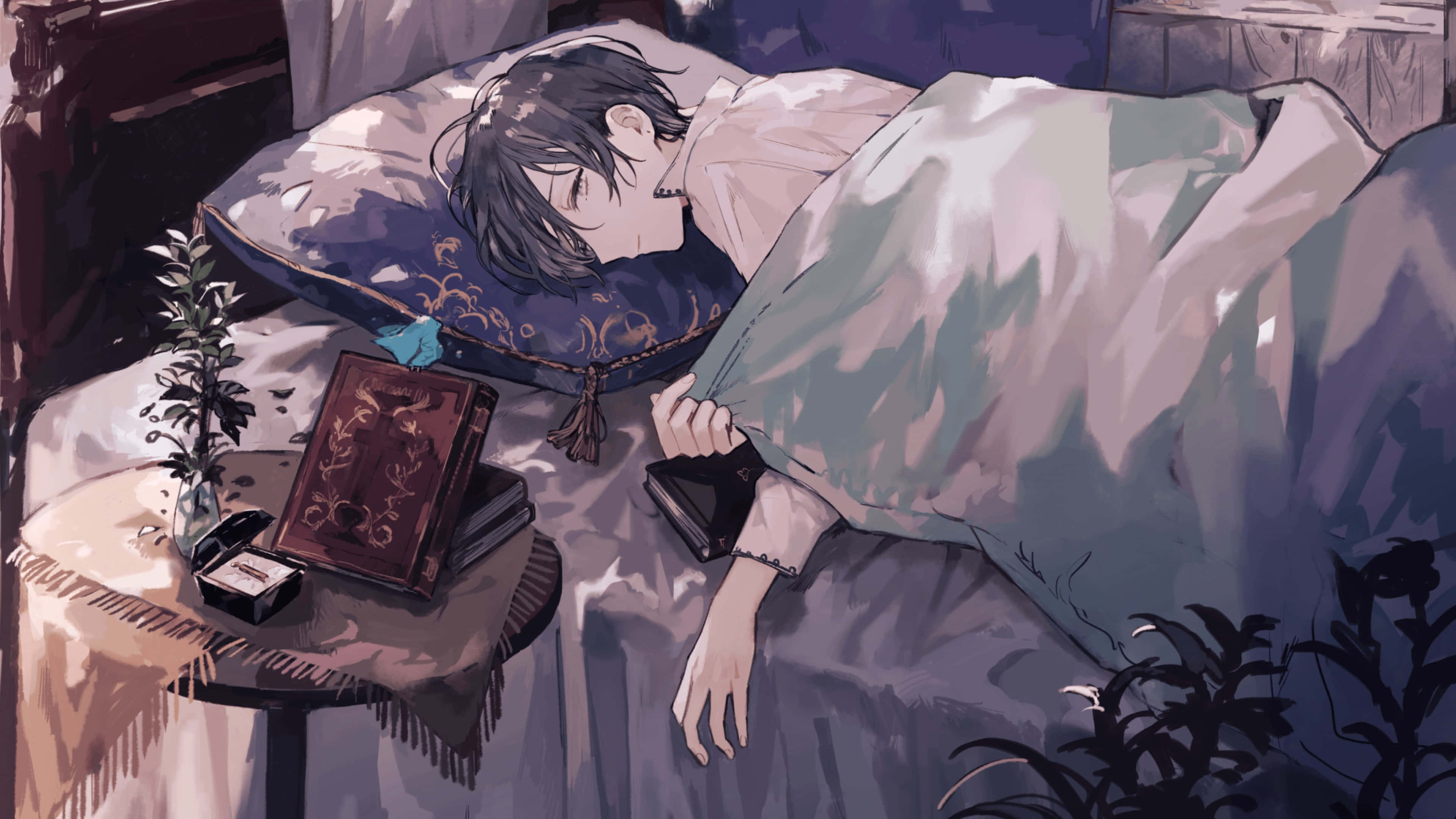 Sleep 桌布 壁紙 — 一個年輕的動漫角色在柔軟的毯子下安詳地睡在床上，床頭桌上放著一本書和一棵植物。