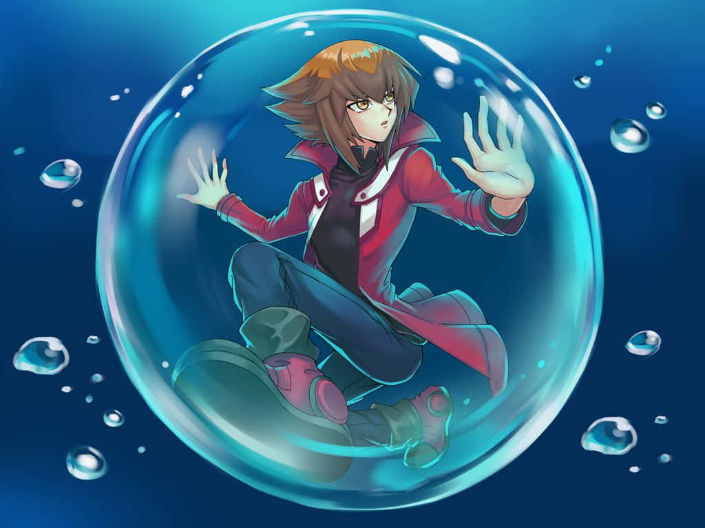 Jaden Yuki 桌布 壁紙 — 一個年輕的動漫角色坐在一個巨大的透明泡泡內，周圍漂浮著水滴，背景是深藍色。