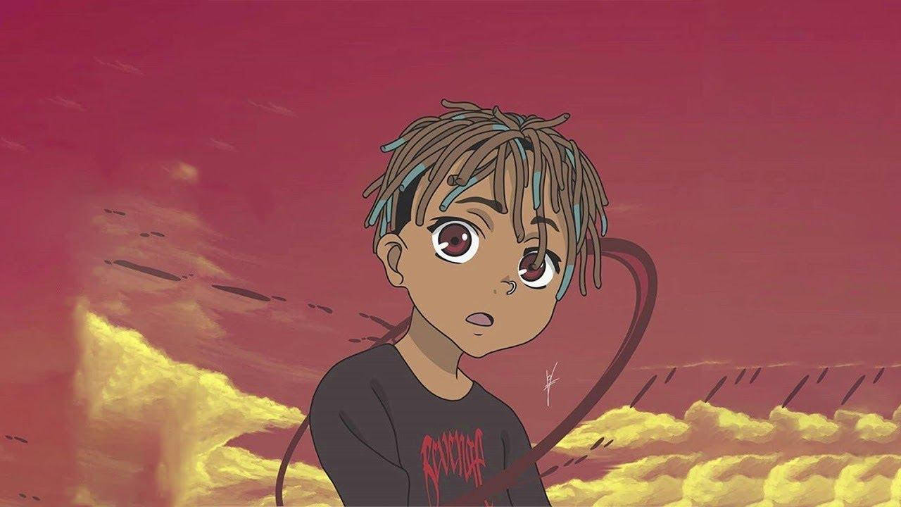 Juice WRLD 桌布 壁紙 — 一個年輕的動漫角色留著辮子，仰望佈滿條紋雲的熾熱紅黃天空。