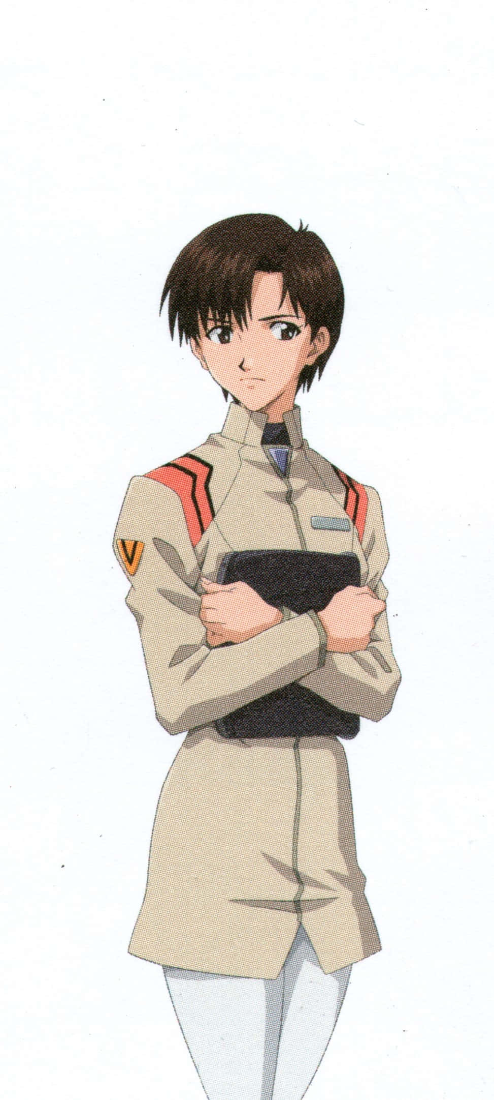 Maya Ibuki 桌布 壁紙 — 一個年輕的動漫角色穿著帶有紅色條紋的米色制服，在純白色背景前交叉雙臂站立。