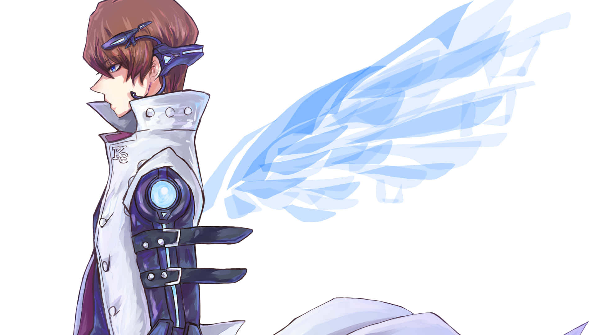 Seto Kaiba 桌布 壁紙 — 一個年輕的動漫角色穿著未來風格的盔甲，帶有發光的藍色翅膀，側面站立在純白色背景前。