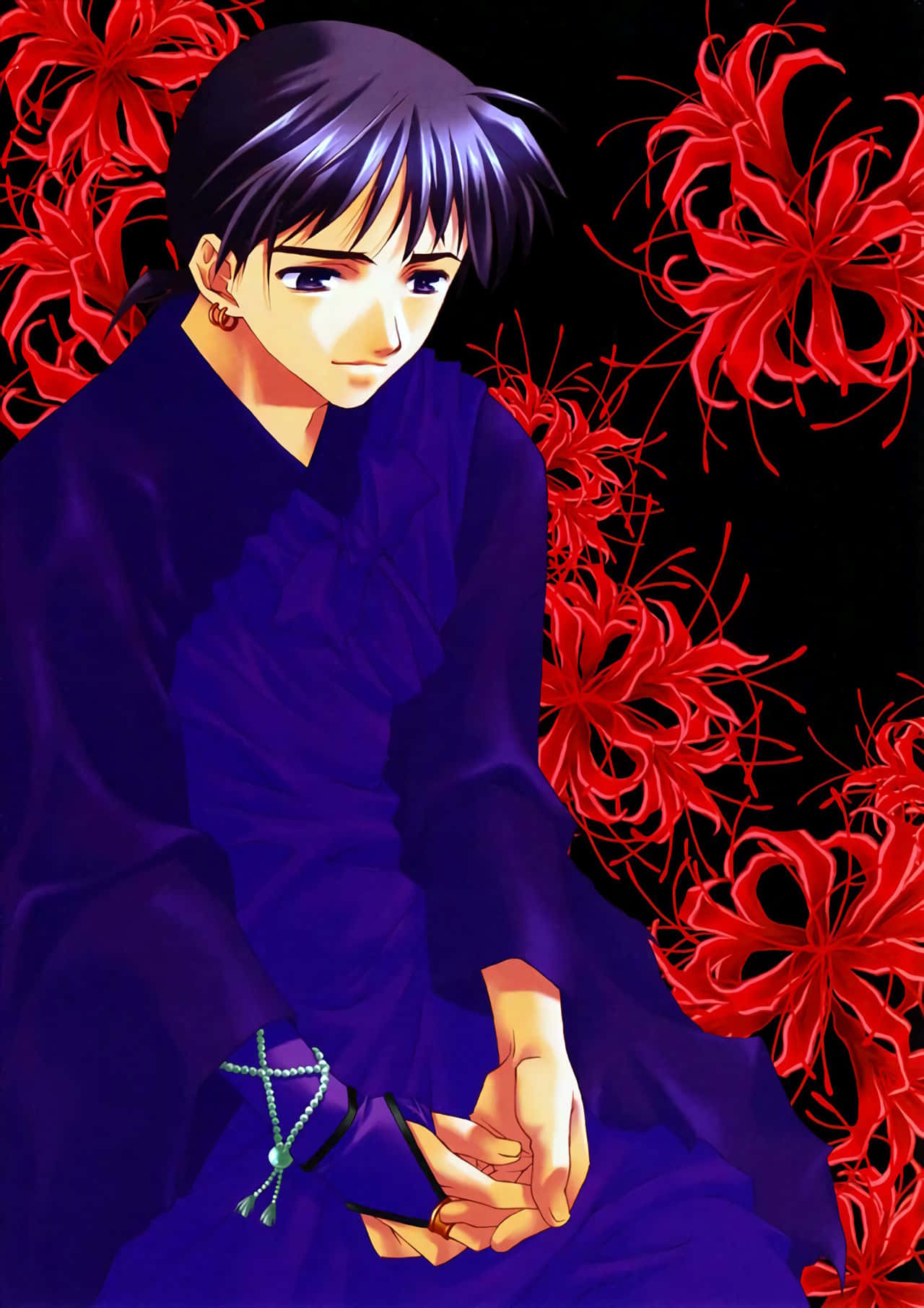 Miroku 桌布 壁紙 — 一個年輕的動漫角色穿著深紫色和服，在黑色背景前，靜靜地坐在鮮紅的彼岸花叢中。