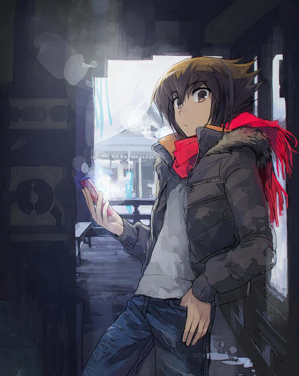 Jaden Yuki 桌布 壁紙 — 一個年輕的動漫角色穿著深色外套和紅色圍巾，站在昏暗的門口，手持發光的手機，背後有明亮的光線照射進來。