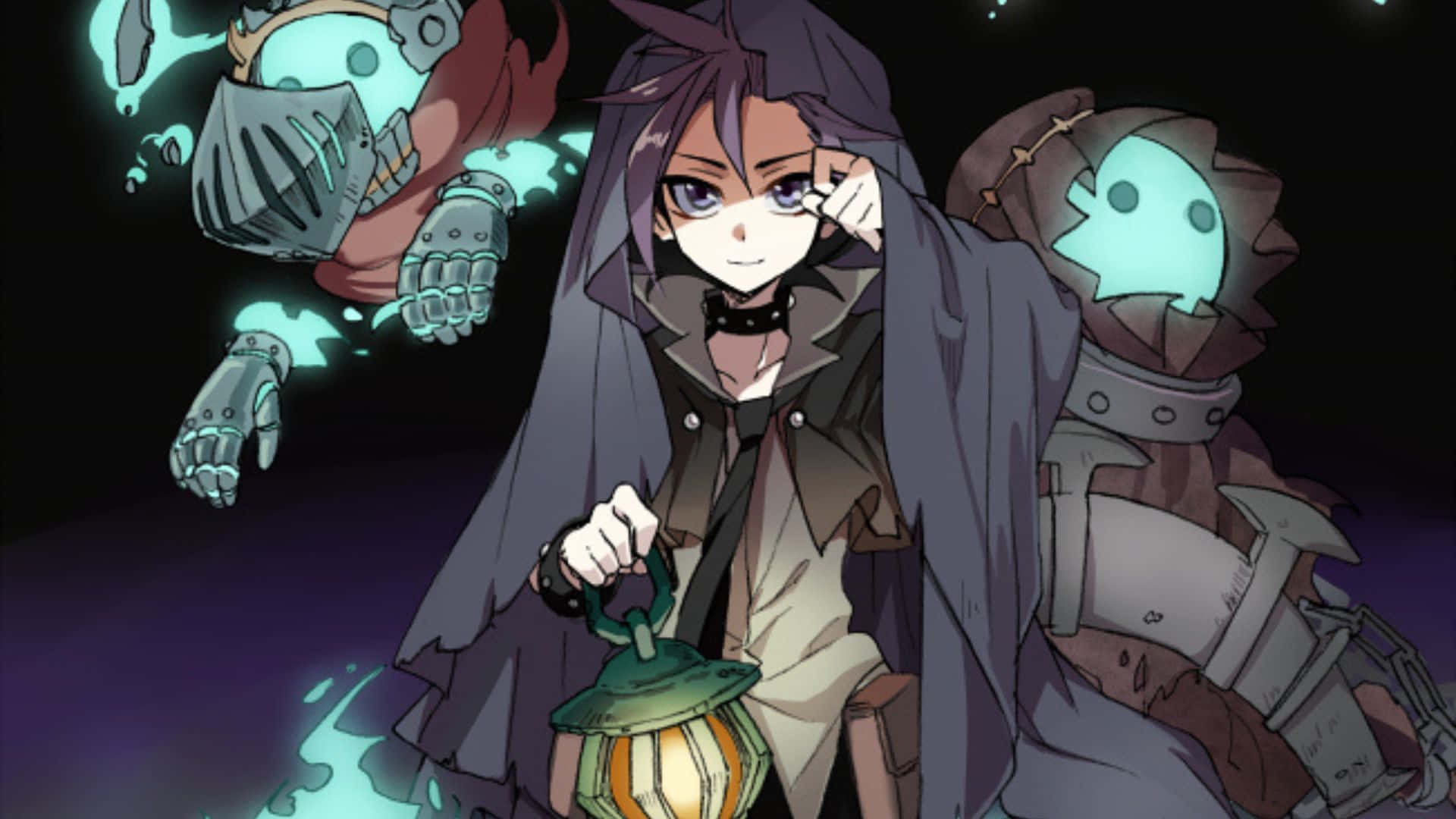 Yu-gi-oh Yuto 桌布 壁紙 — 一個年輕的動漫角色穿著黑色斗篷，手持發光燈籠，而漂浮的機械骷髏在陰影虛空中徘徊。