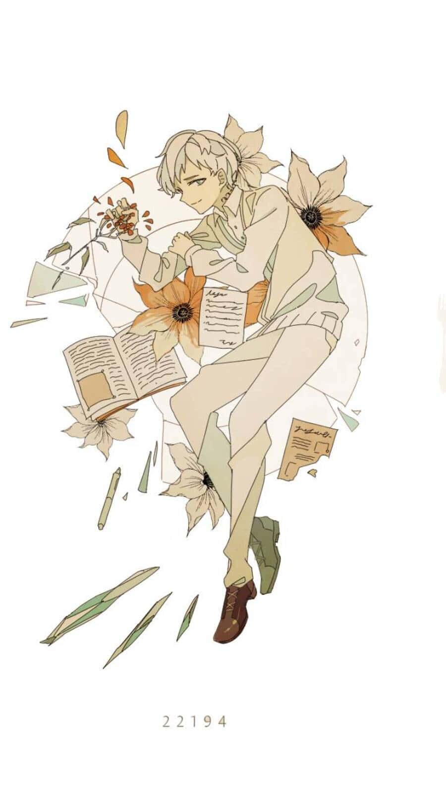 The Promised Neverland Norman 桌布 壁紙 — 一個年輕的動漫角色被飄落的秋葉和散落的紙張包圍，呈現出奇思妙想的插圖。