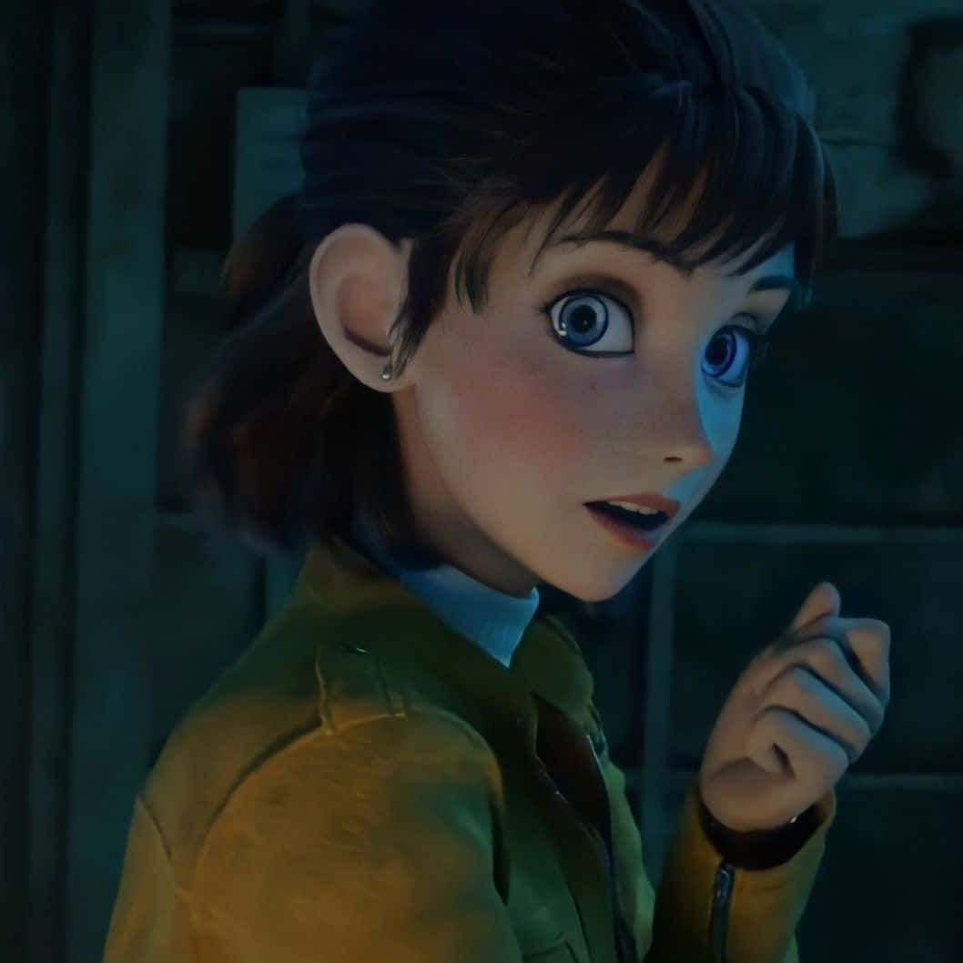 Lupin Iii Laetitia Bresson 桌布 壁紙 — 一個年輕的動畫女孩，有著大大的藍色眼睛和短棕色的頭髮，在昏暗的房間裡穿著黃色夾克，看起來很吃驚。