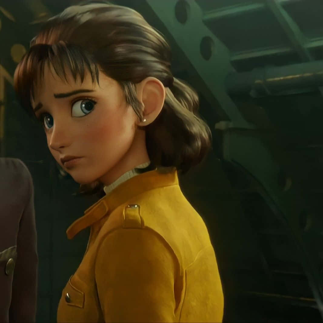 Lupin Iii Laetitia Bresson 桌布 壁紙 — 一個年輕的動畫女孩，棕色頭髮和藍色眼睛，穿著黃色外套，帶著擔憂的表情回頭看。