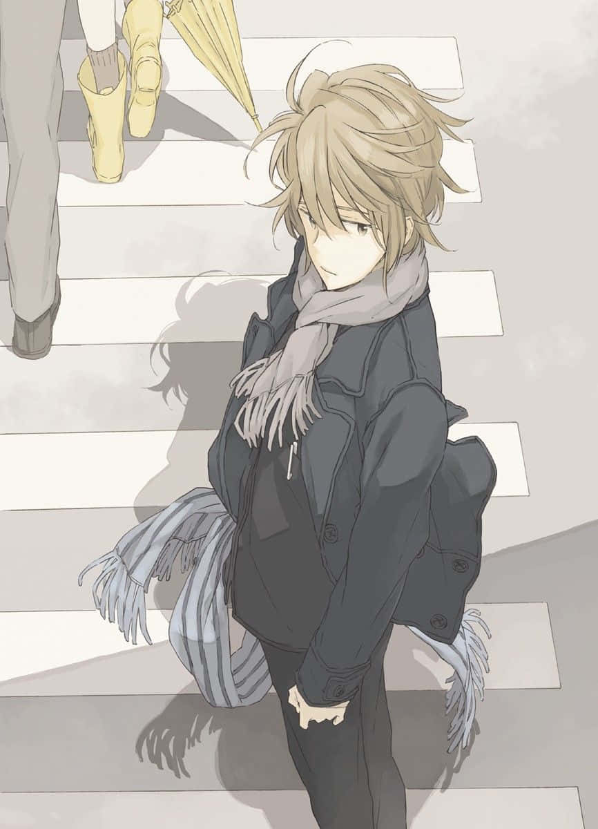 Itsuki Koizumi 桌布 壁紙 — 一個年輕的動畫男孩，一頭凌亂的金髮，圍著圍巾，站在斑馬線上，另一個人穿著黃色靴子、撐著傘走過。