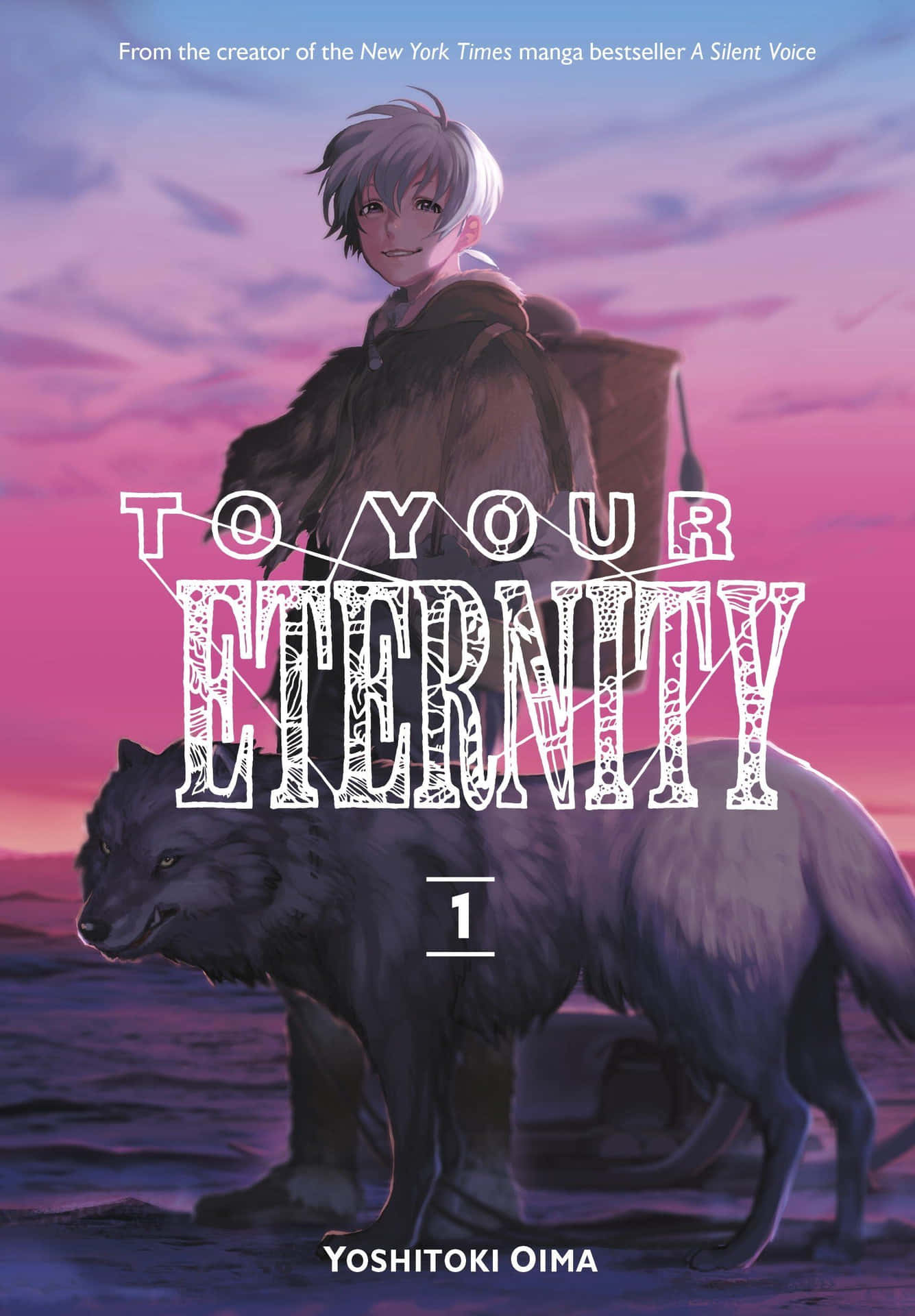 To Your Eternity 桌布 壁紙 — 一個年輕的動畫男孩，銀色頭髮，站在一隻黑狼旁邊，背景是充滿活力的粉紅色和紫色日落天空。
