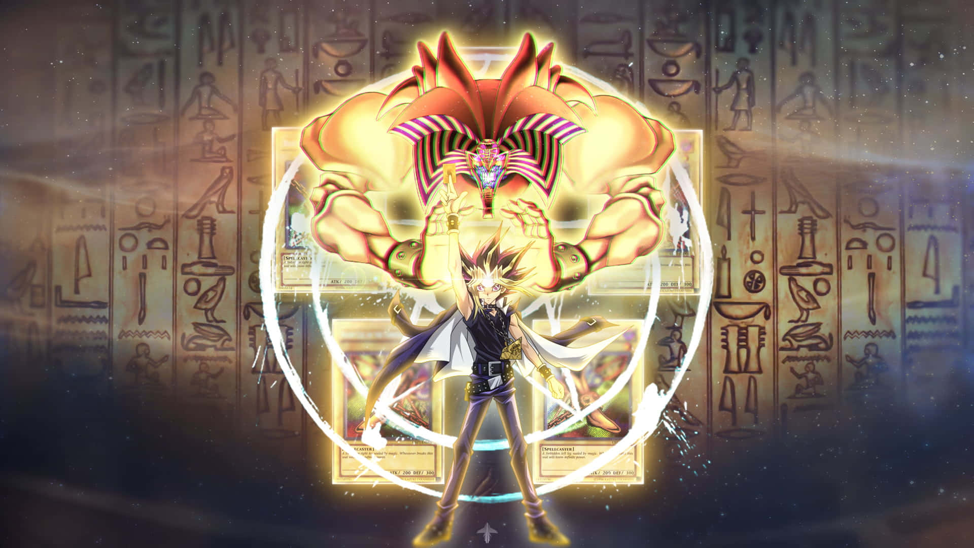Yami Yugi 桌布 壁紙 — 一個年輕的動畫男孩在佈滿象形文字的牆壁前召喚一位戴著條紋頭飾、發光的金色埃及神。