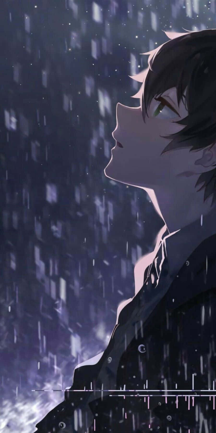 Sad Dark Anime 桌布 壁紙 — 一個年輕的動畫男孩在雨中仰望，背景是霓虹燈閃爍的黑暗城市景觀。