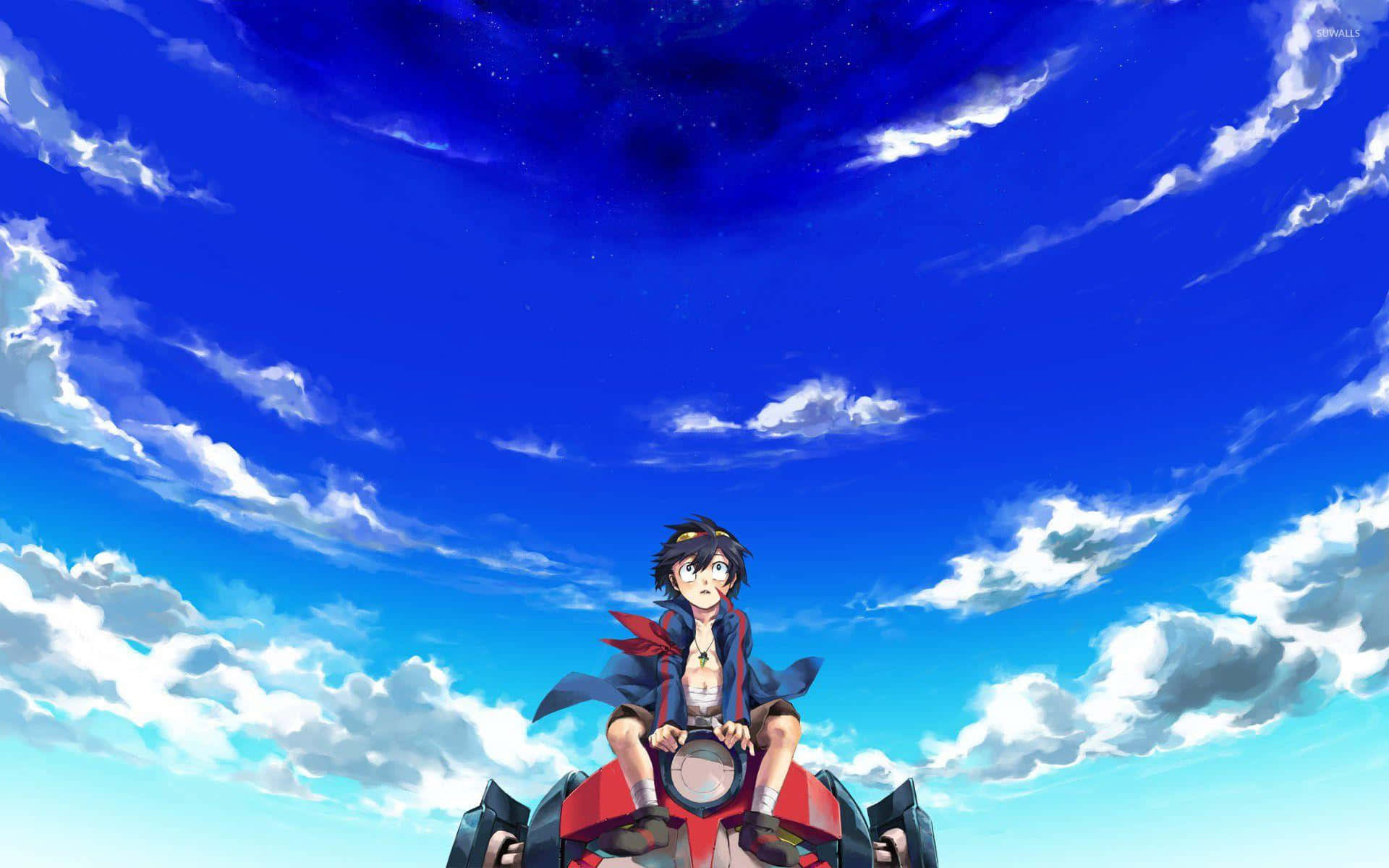 Gurren Lagann Simon 桌布 壁紙 — 一個年輕的動畫男孩坐在一輛紅色車輛上，在廣闊的藍天下，滿是蓬鬆的白雲和遙遠的星星。