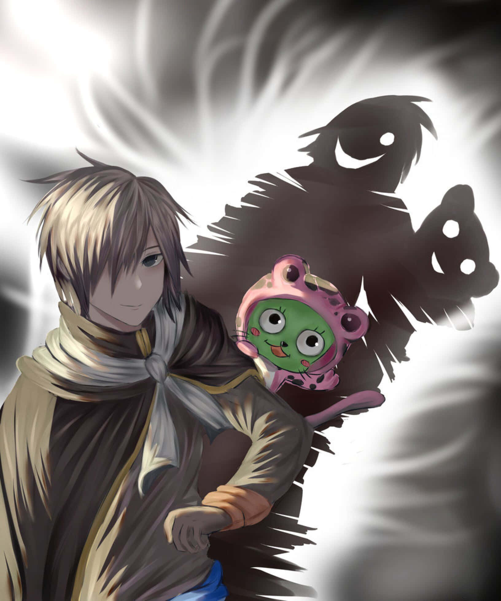 Frosch 桌布 壁紙 — 一個年輕的動畫男孩抱著一個粉紅色的青蛙毛絨玩具，背後有一個黑暗的影子人物在旋轉的光背景中隱現。