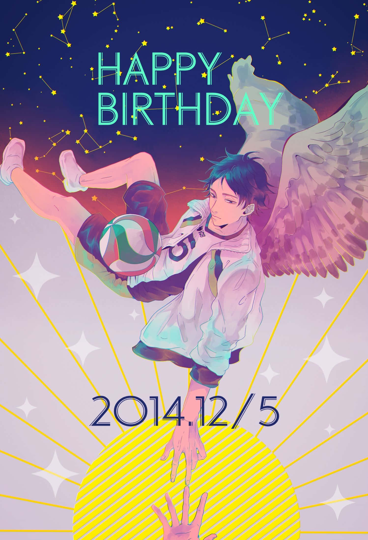 Keiji Akaashi 桌布 壁紙 — 一個年輕的動畫男孩長著翅膀，在星空下快樂地跳躍，手持排球，並帶有生日文字。