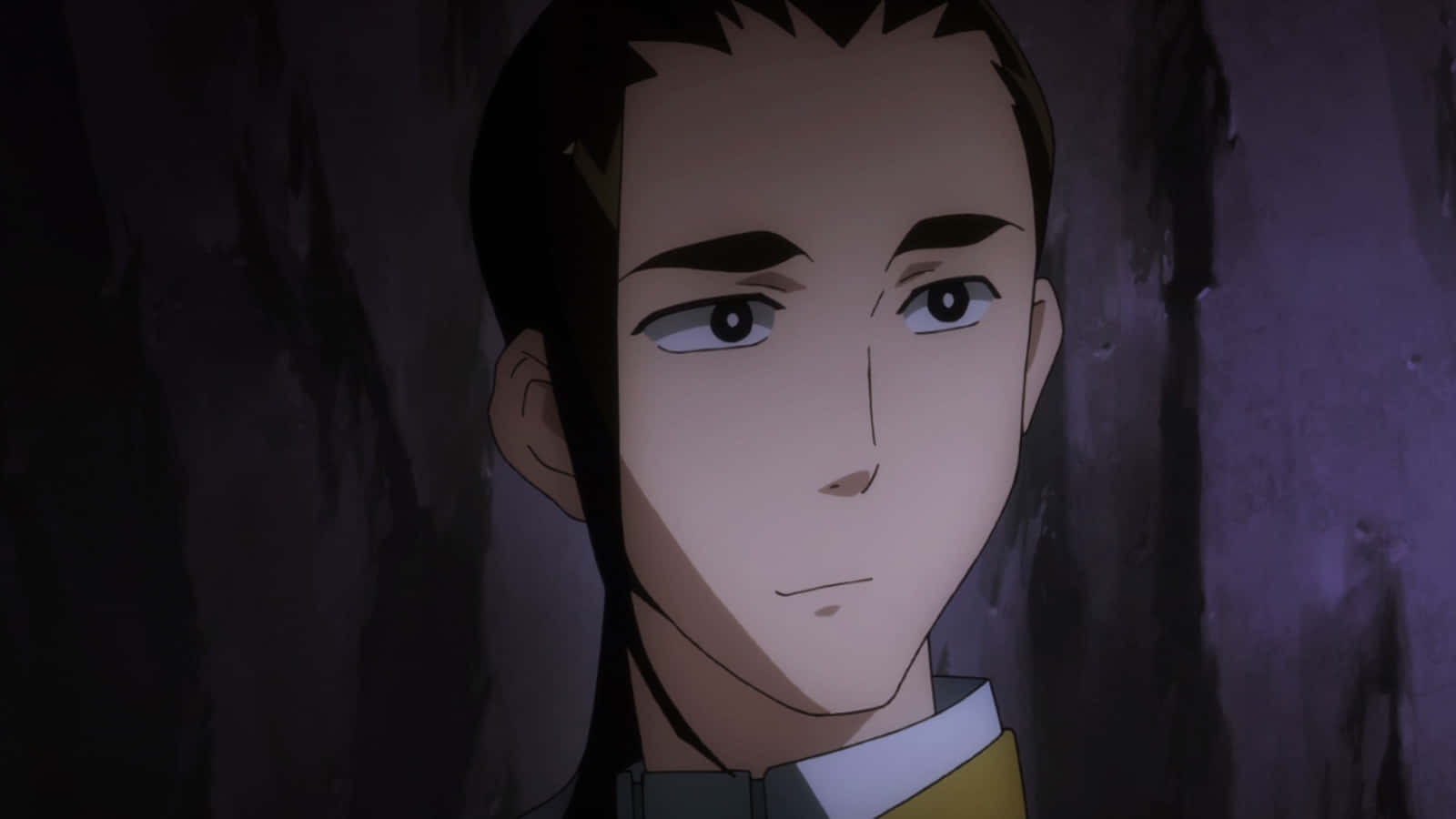 Rossiu Adai 桌布 壁紙 — 一個年輕的動畫男性角色，深色頭髮，眼神嚴肅，在昏暗的紫色洞穴般的環境中向前凝視。