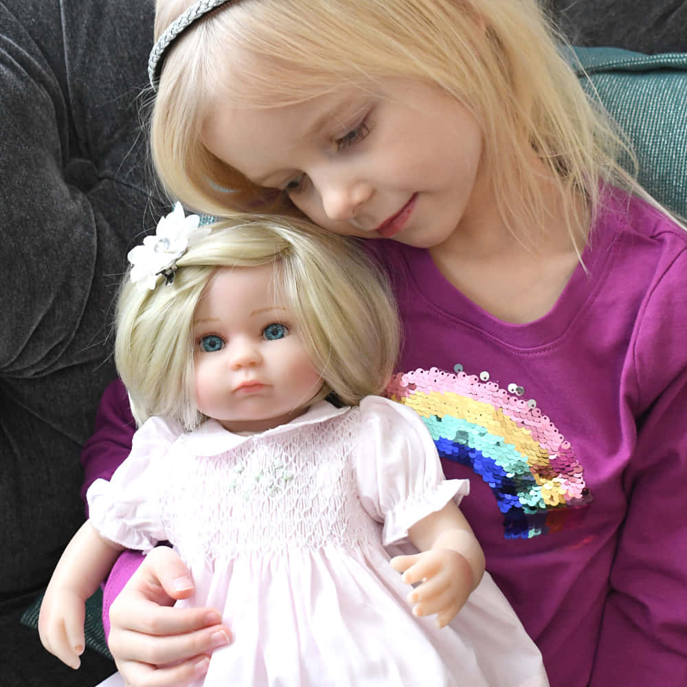 Dolls 桌布 壁紙 — 一個年輕的金髮女孩穿著紫色襯衫，上面有彩虹亮片設計，輕輕擁抱一個穿著粉紅色連衣裙的金髮娃娃，坐在深色沙發上。