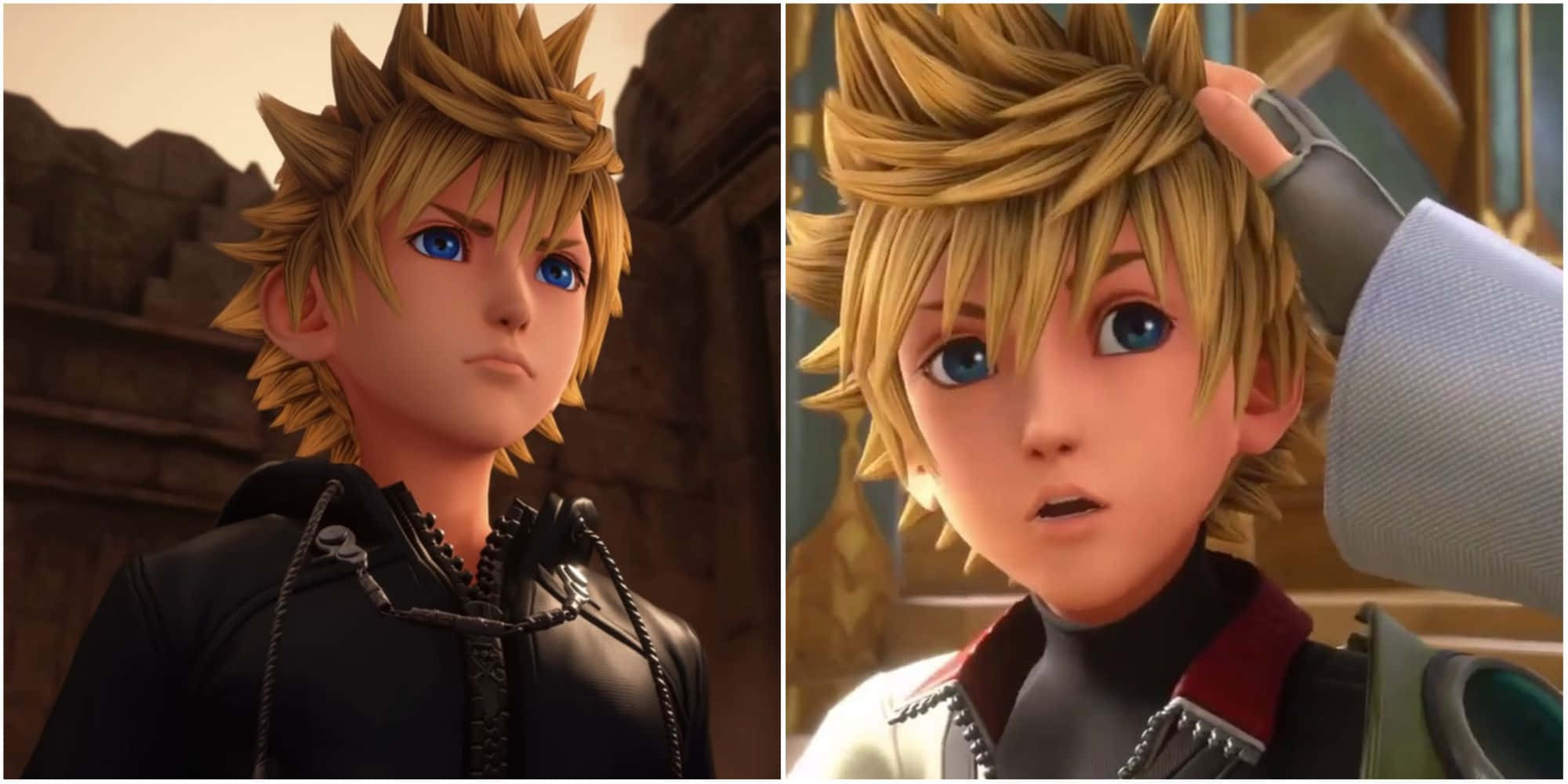 Kingdom Hearts Ventus 桌布 壁紙 — 一個年輕的金髮藍眼動漫男孩，在兩個特寫面板中穿著不同的服裝，處於細節豐富的遊戲環境中。