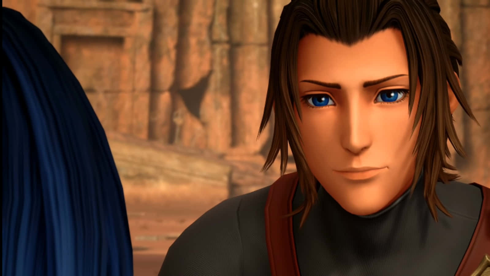 Kingdom Hearts Terra 桌布 壁紙 — 一個年輕藍眼棕髮男子的特寫，身處一個背後有石頭廢墟的電子遊戲場景。