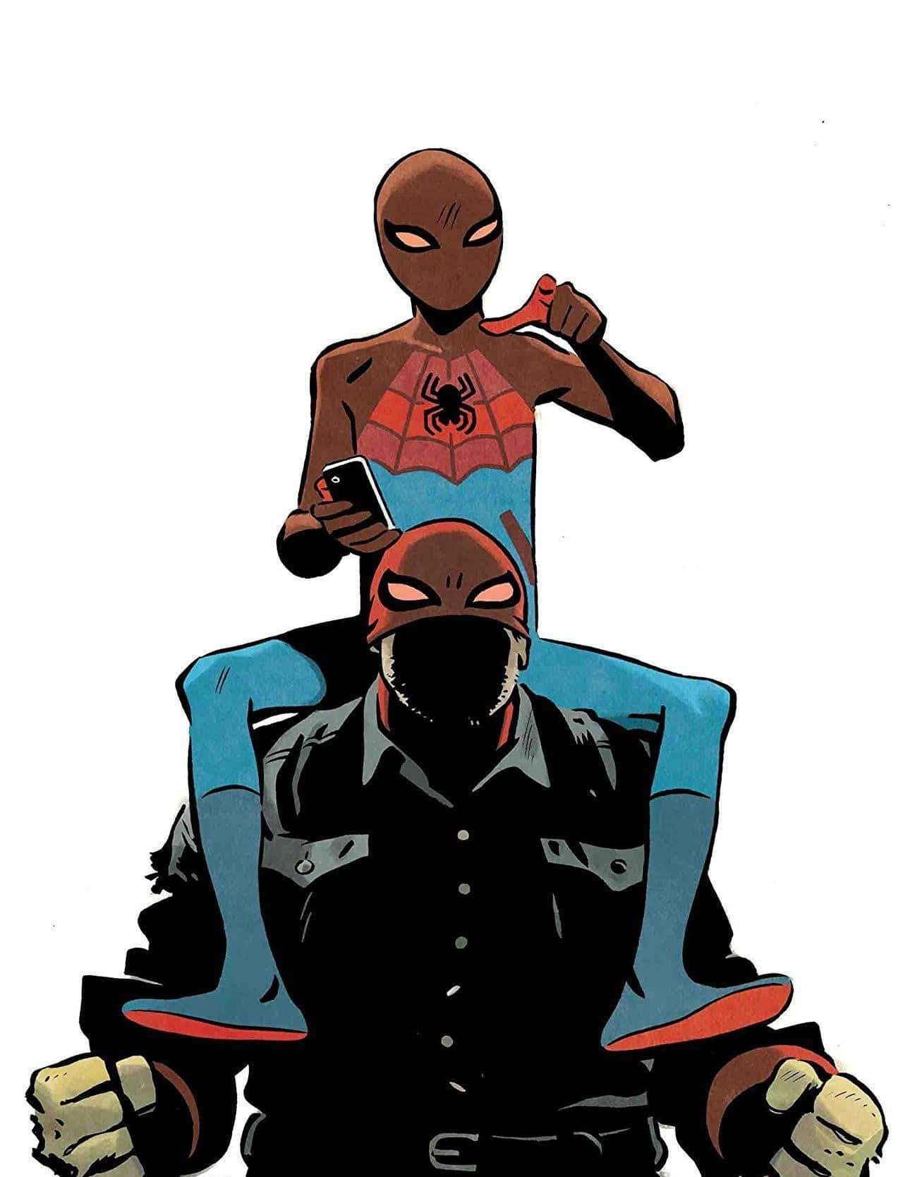 Spider-geddon 桌布 壁紙 — 一個年輕蜘蛛英雄騎在一個戴面具的成年英雄背上，拿著電話並豎起拇指向下。