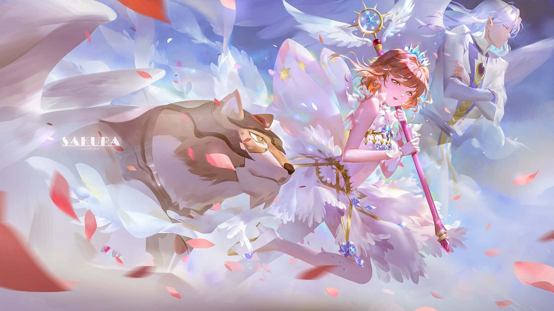 The journey begins for Cardcaptor Sakura 壁紙 — 一個幻想動漫女孩，有翅膀和法杖，騎著狼穿過充滿飄落粉紅色花瓣和空靈光芒的天空。