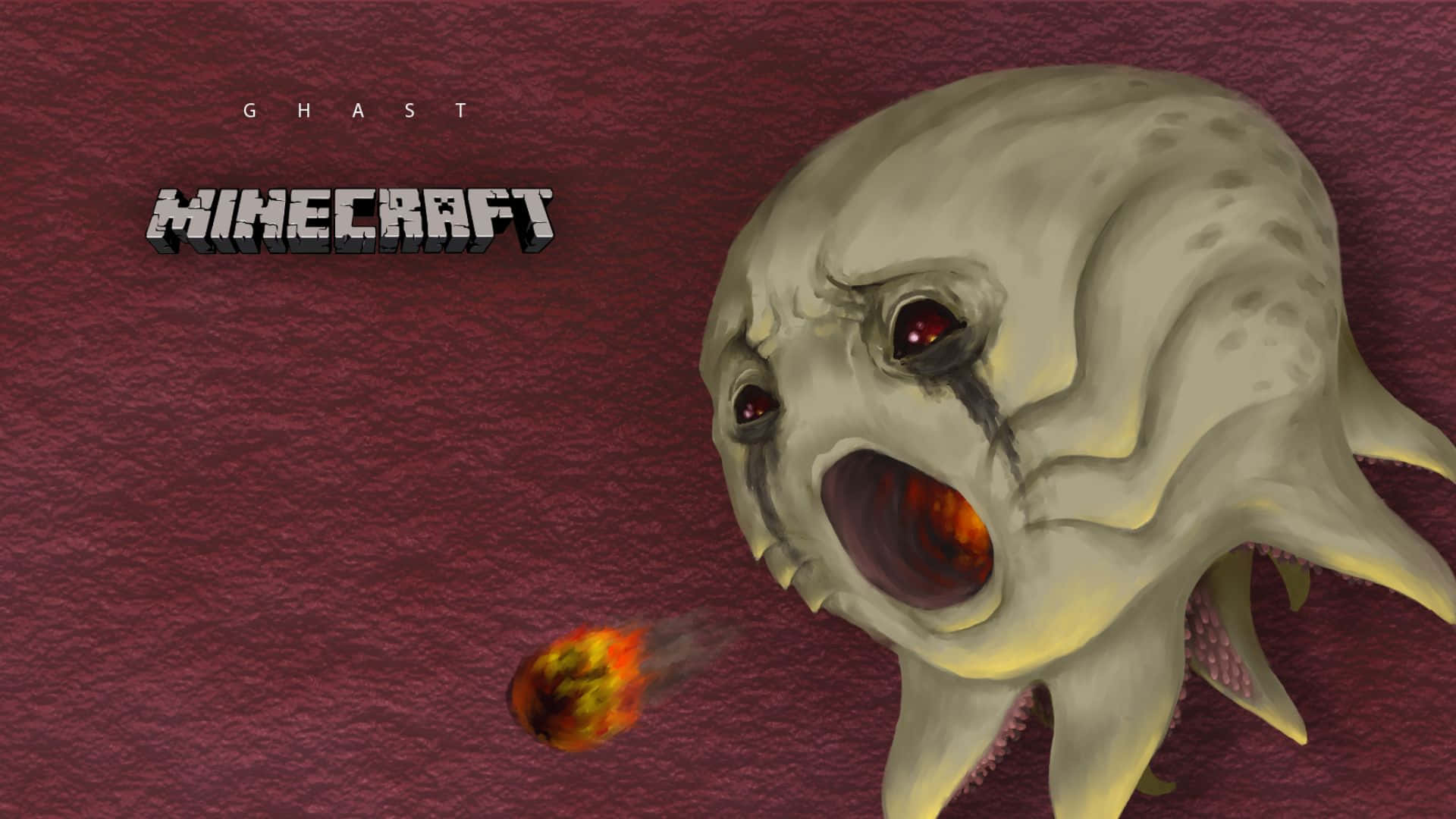 Minecraft Ghast 桌布 壁紙 — 一個幽靈般的Minecraft地獄幽靈漂浮在深紅色紋理背景上，從張開的大嘴中發射出一顆火球。