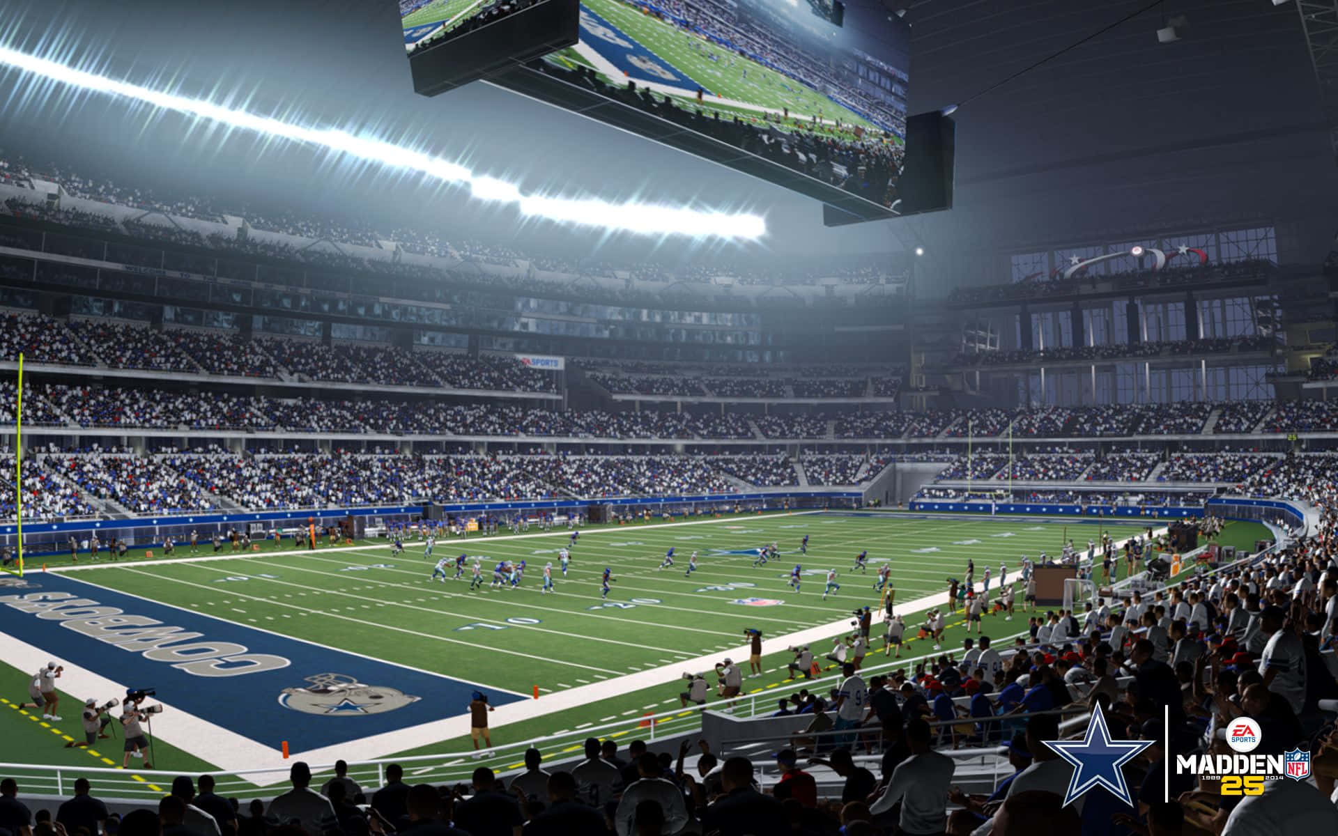 Madden NFL 22 桌布 壁紙 — 一個座無虛席的NFL體育場，在明亮的燈光下，球員在場上，球迷在看台上歡呼。