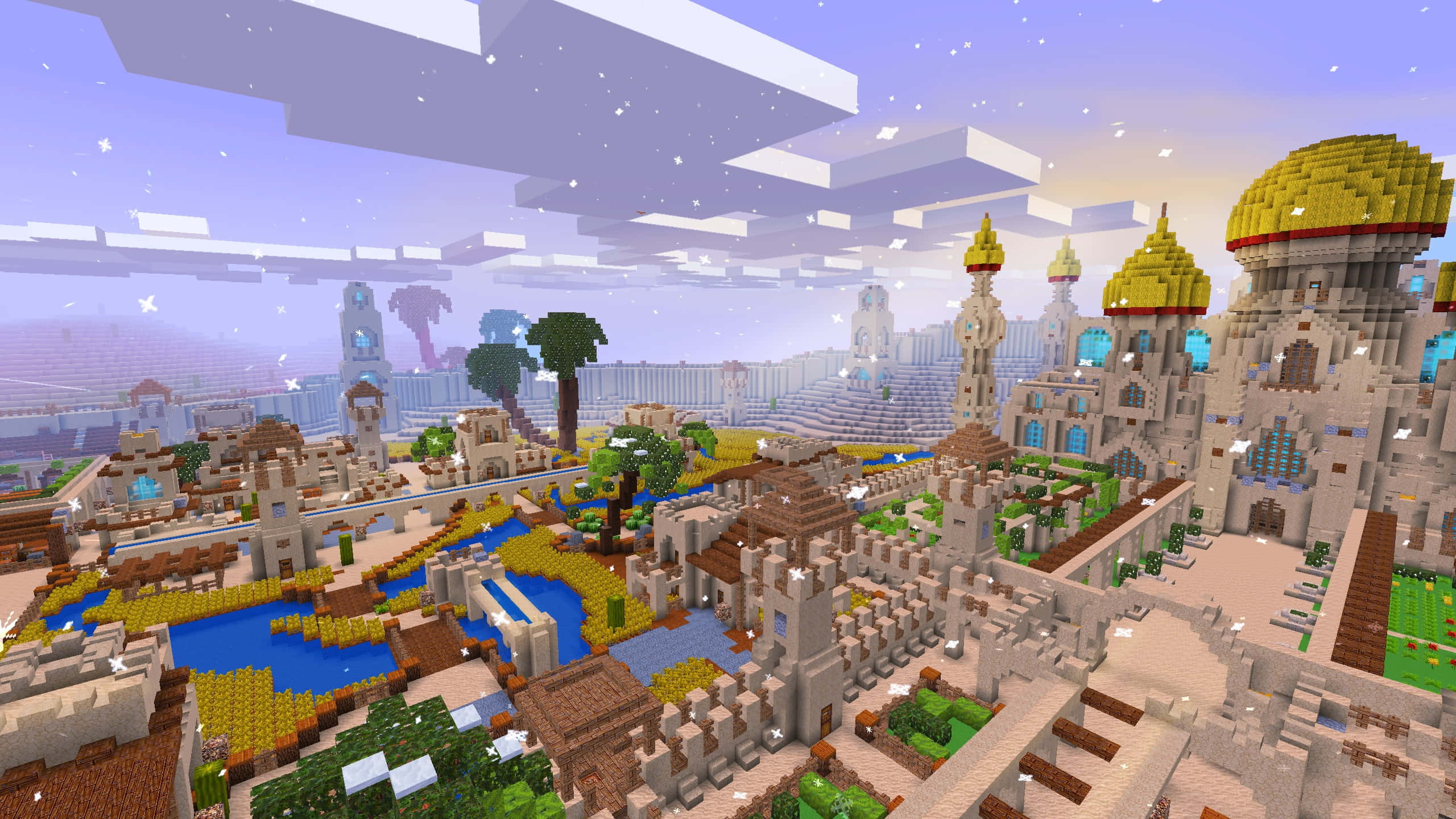Minecraft Adventure 桌布 壁紙 — 一個廣闊嘅Minecraft城市，有金色圓頂同像素化建築，喺星光燦爛嘅暮色天空下。