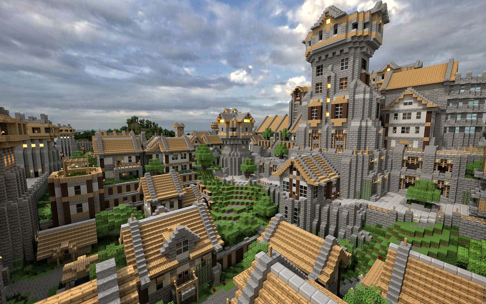 Minecraft Villages 桌布 壁紙 — 一個廣闊嘅Minecraft村莊，有石塔同木屋頂，喺多雲嘅天空下。
