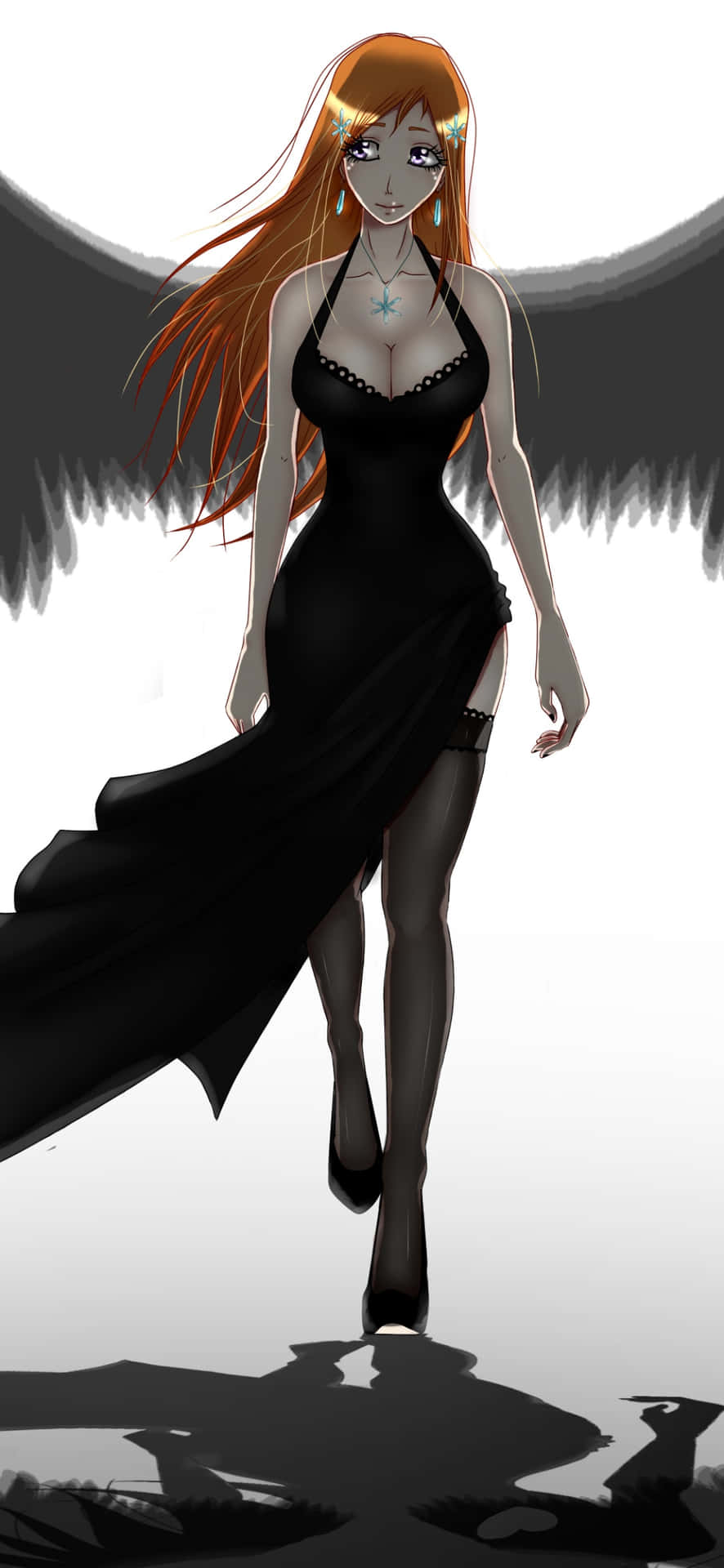 Orihime Inoue 桌布 壁紙 — 一個引人注目的動漫天使，擁有火紅的橙色頭髮和黑色翅膀，穿著飄逸的黑色長袍，在純白背景上自信地大步前行。