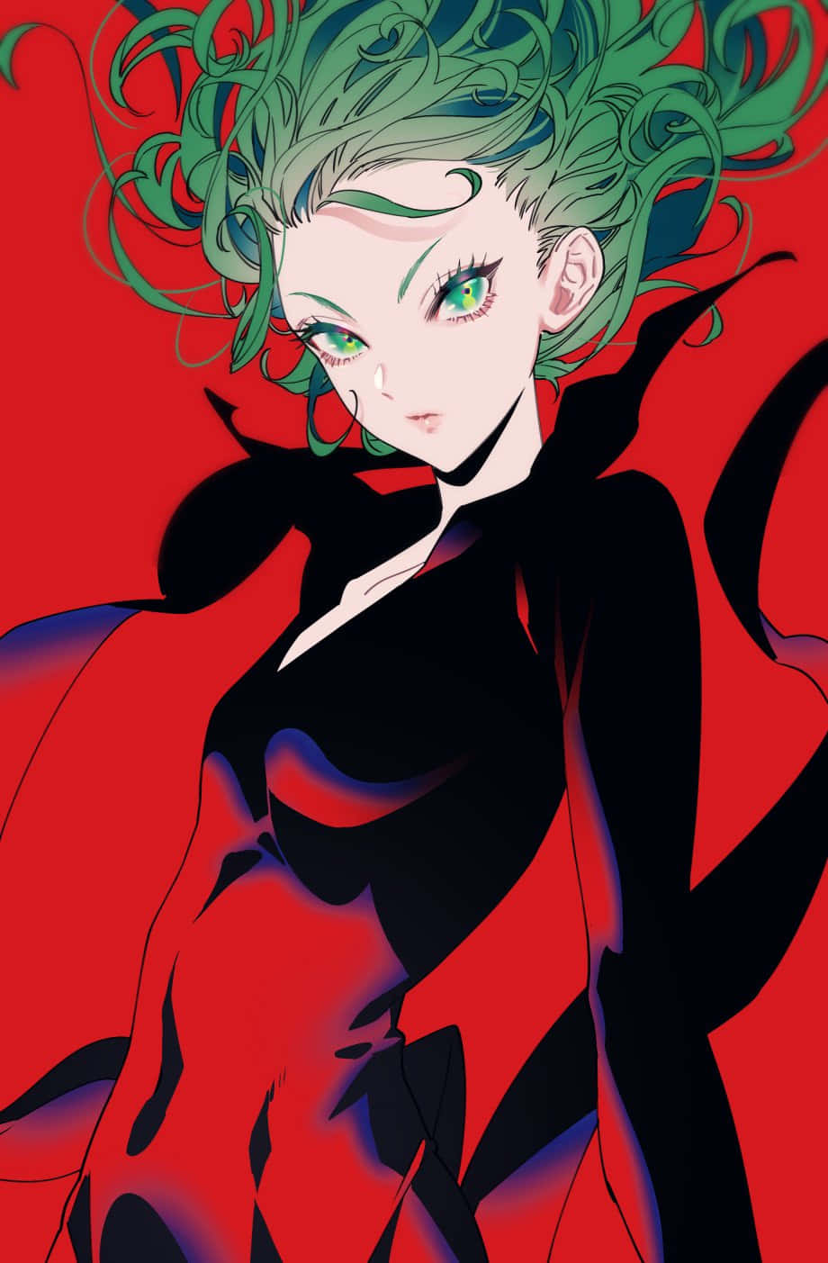 Tatsumaki 桌布 壁紙 — 一個引人注目的動漫女孩，擁有狂野的綠色頭髮和發光的眼睛，在鮮豔的紅色背景下強烈凝視。