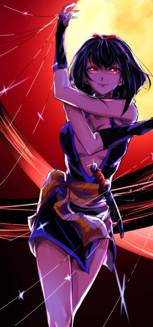 Inuyasha Yura 桌布 壁紙 — 一個引人注目的動漫女孩，擁有發光的紅色眼睛和黑色頭髮，在熾熱的紅色和黃色背景前擺出動態姿勢，周圍有閃爍的能量線條。