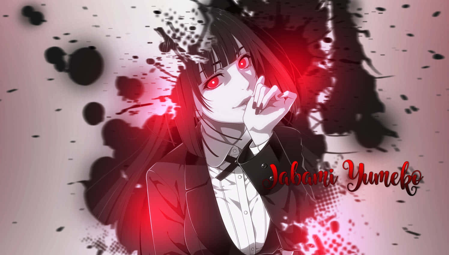 Kakegurui 桌布 壁紙 — 一個引人注目的動漫女孩，擁有發光的紅眼睛和黑髮，在濺滿紅色和黑色的背景前擺姿勢。