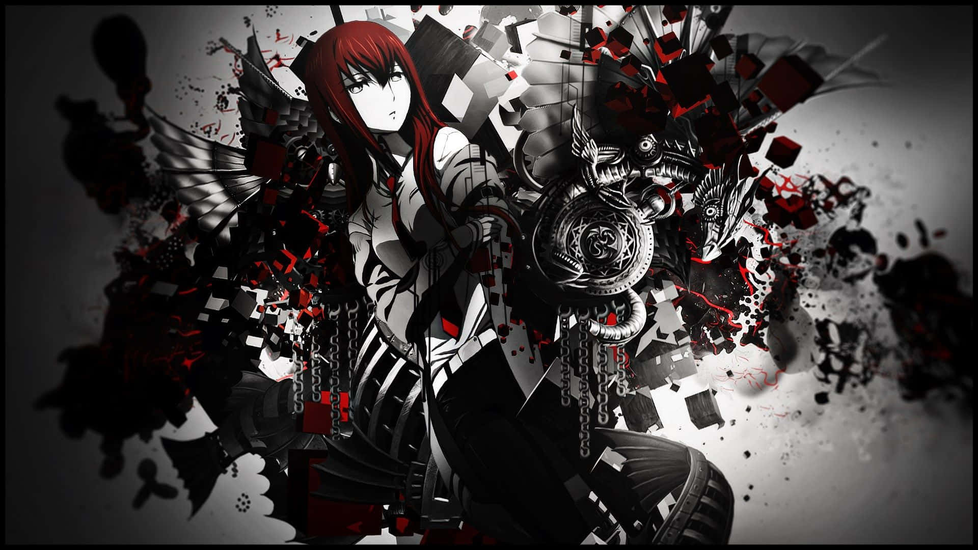 Steins Gate 桌布 壁紙 — 一個引人注目的動漫女孩，擁有紅髮和機械翅膀，身處黑色、紅色和白色碎片混亂爆炸之中。