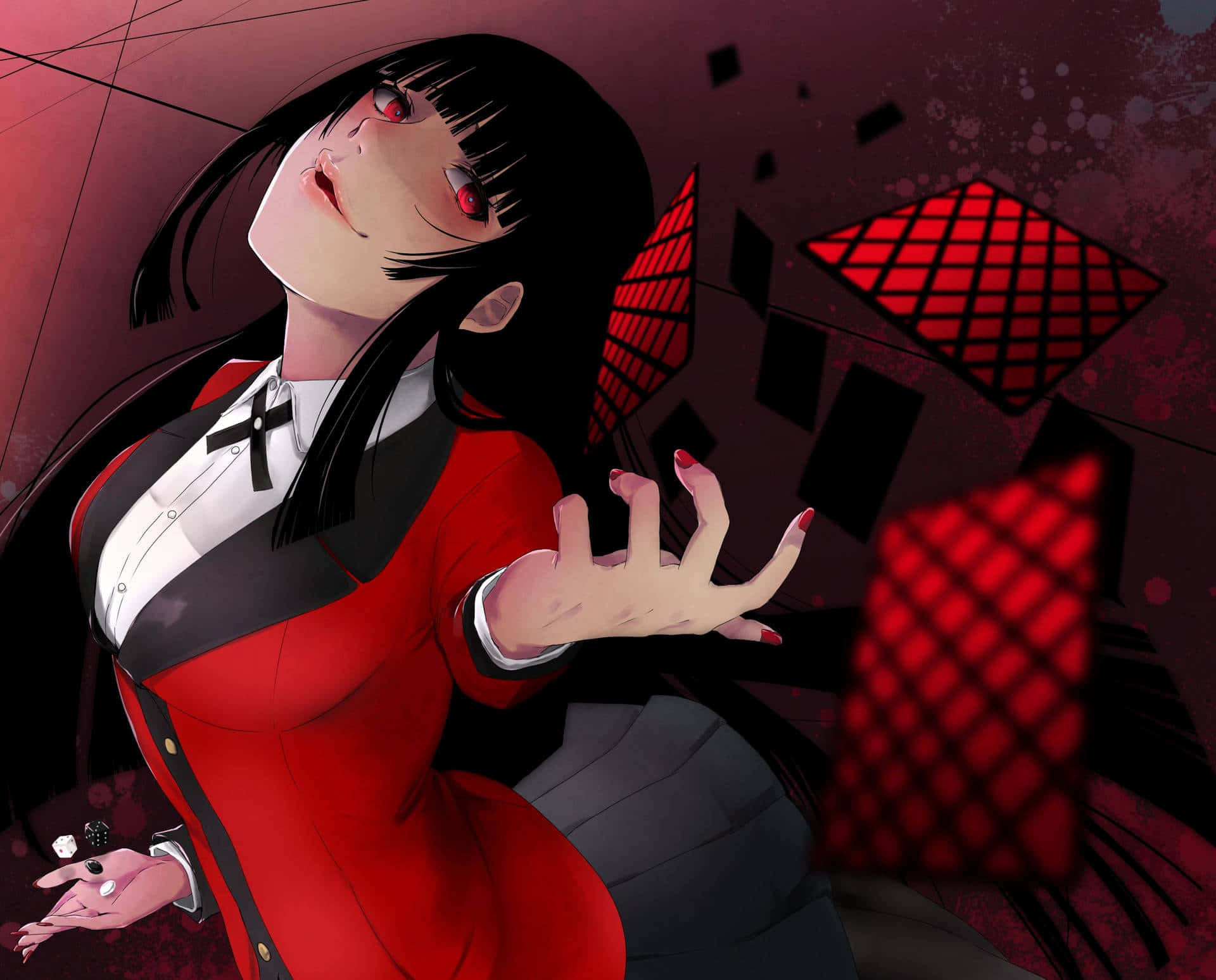 Kakegurui 桌布 壁紙 — 一個引人注目的動漫女孩，紅眼睛、黑頭髮，穿著紅色校服，在深紅色幾何背景前伸出手。