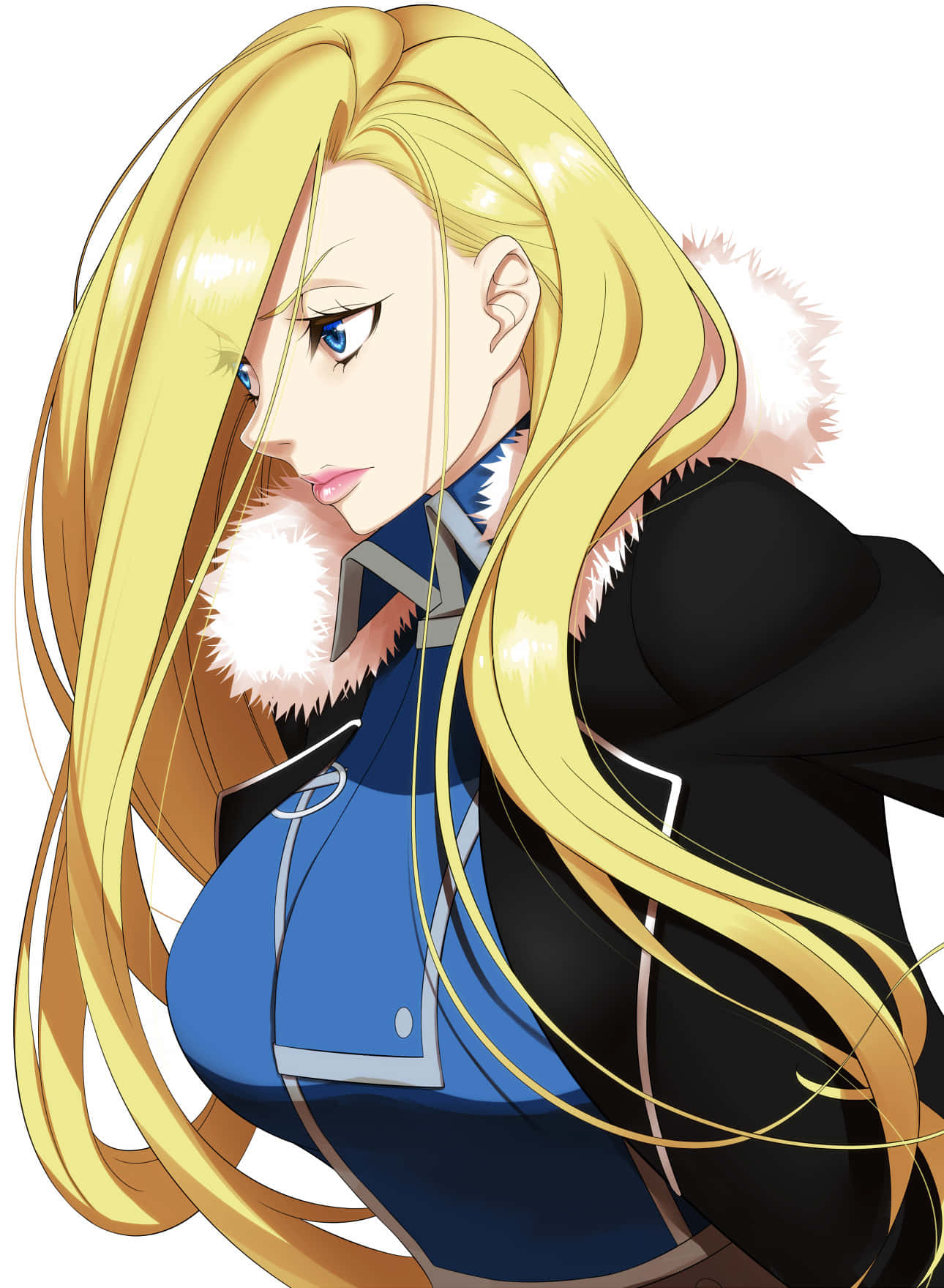 Olivier Mira Armstrong 桌布 壁紙 — 一個引人注目的動漫女孩，長著金色長髮和藍色眼睛，身穿黑色外套，帶白色毛邊，內搭藍色服裝。