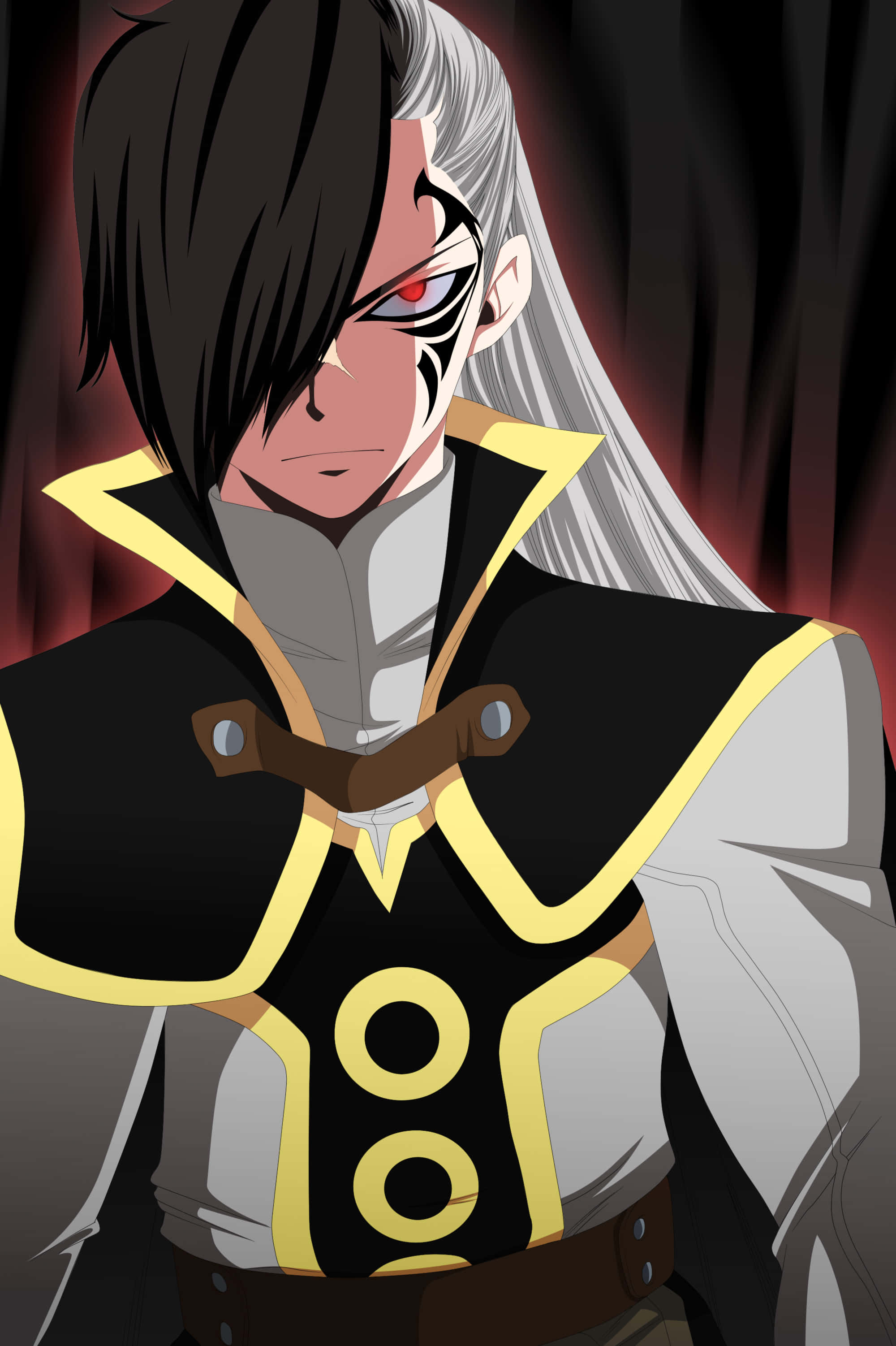 Rogue Cheney 桌布 壁紙 — 一個引人注目的動漫角色，擁有半黑半白的頭髮、紅色的眼睛，穿著黑色和金色的盔甲，背景是深紅色。